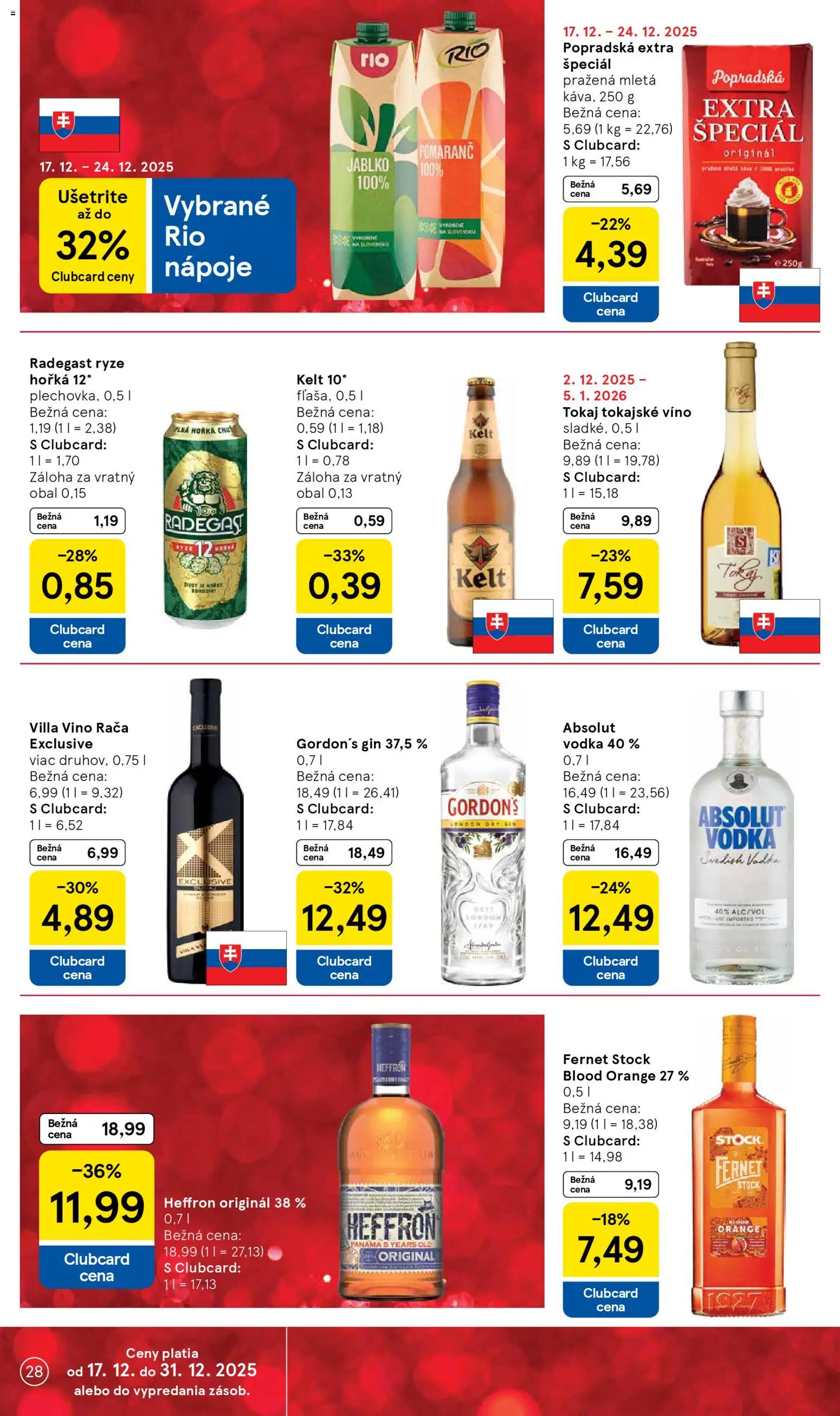 Nové Tesco akcie – leták je platný od 17.12.2025 | Strana: 28 | Produkty: Víno, Radegast, Gin, Vodka