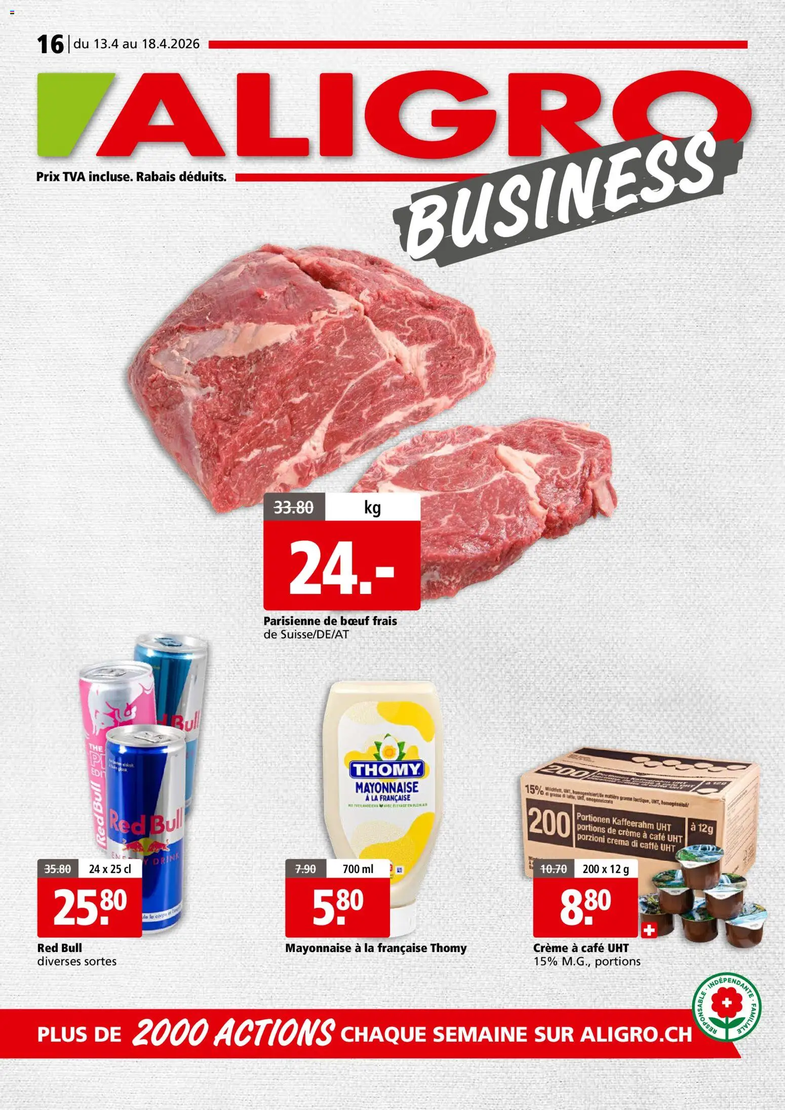 Aligro aktionen Business Chavannes, Matran, Genève, Sion – gültig ab 13.04.2026 | Seite: 1 | Produkte: Red bull, Mayonnaise, Creme