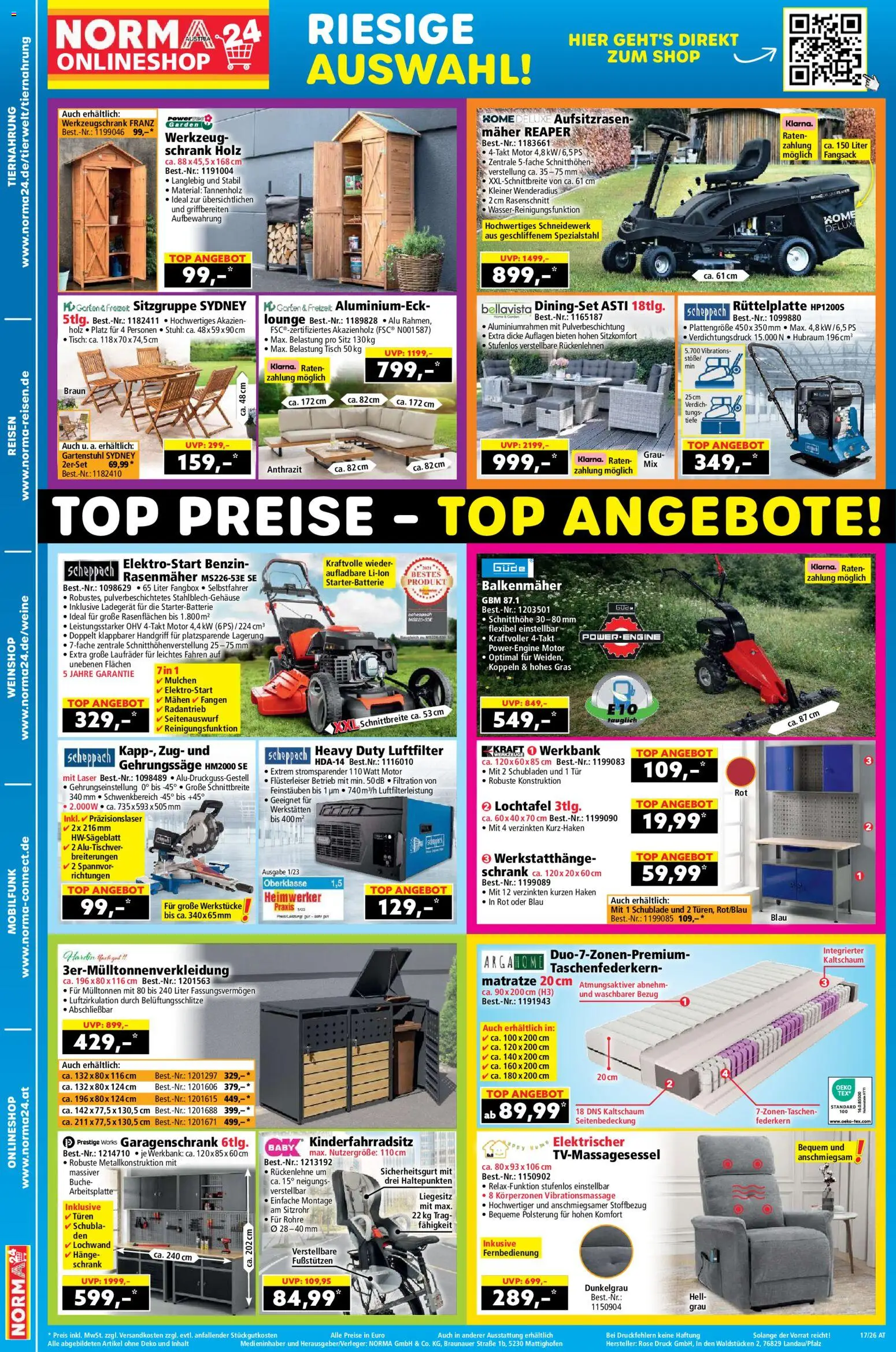 Norma Flugblatt gültig ab 20.04.2026 | Seite: 20 | Produkte: Rasenmäher, Matratze, Tisch, Schrank