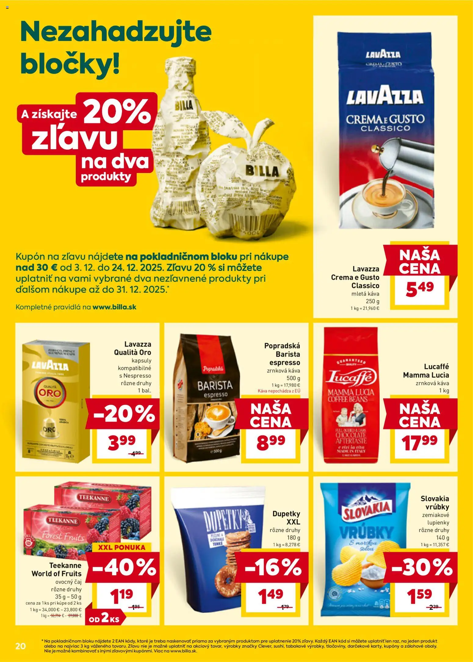 Nové Billa akcie – leták je platný od 10.12.2025 | Strana: 20 | Produkty: Káva, Barista, Čaj, Teekanne