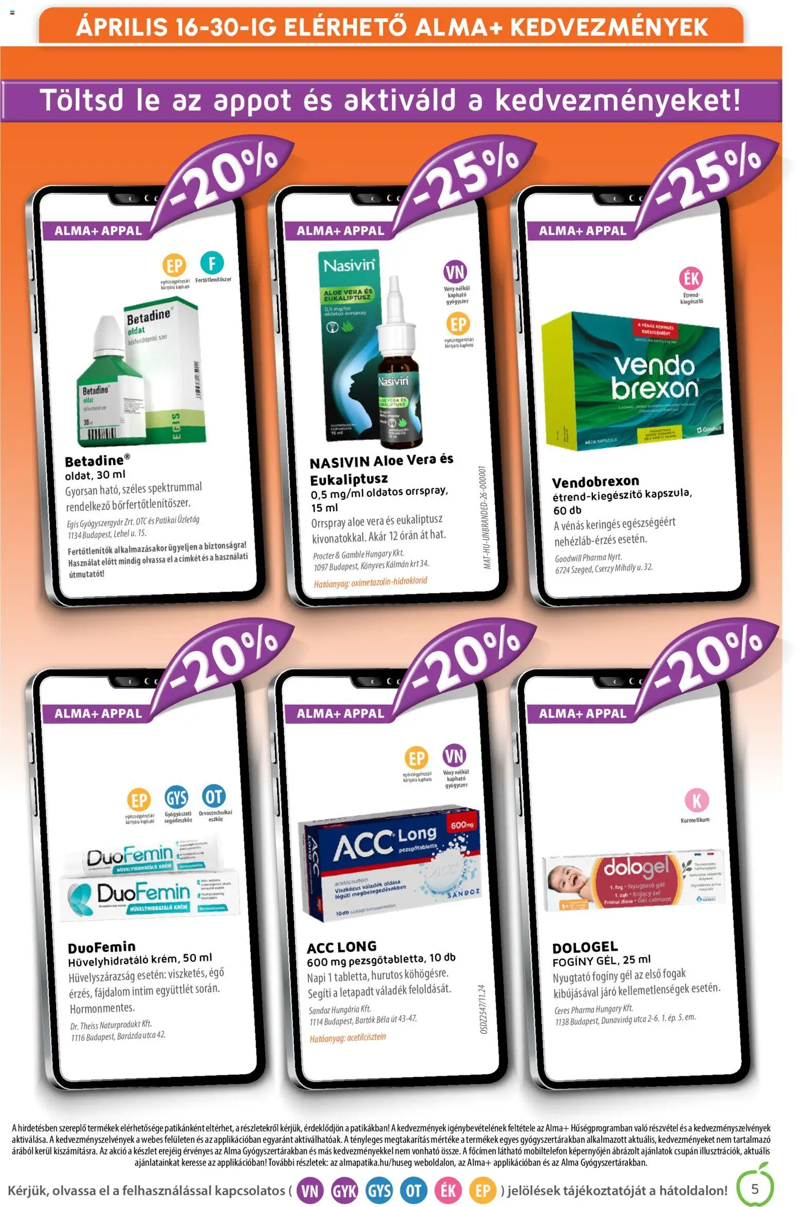 Alma Gyógyszertárak akciós ujság - amely érvényes a következő dátumtól: 01.04.2026 | Oldal: 5 | Termékek: Pezsgőtabletta, Aloe vera, Alma