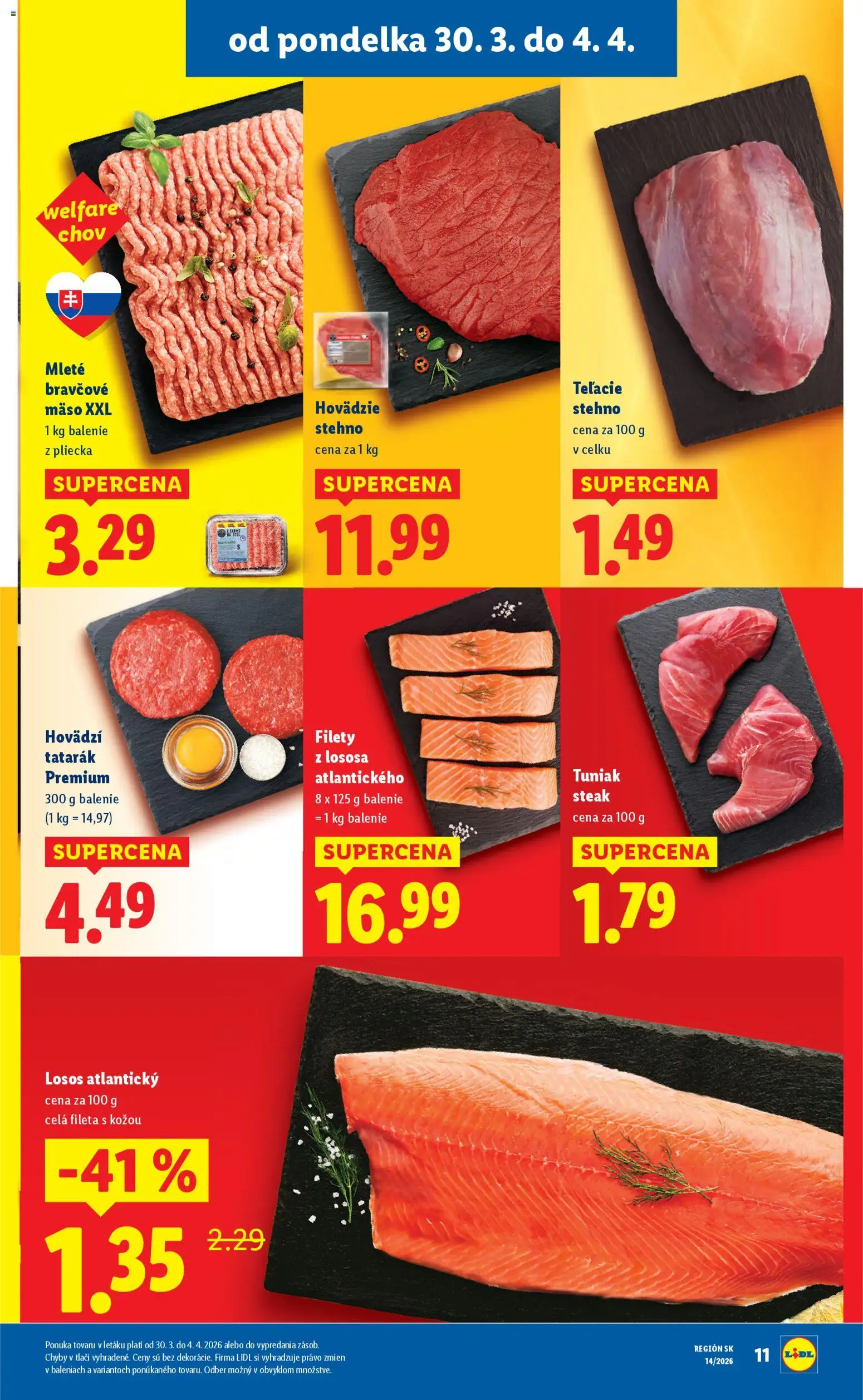Nové Lidl akcie – leták je platný od 30.03.2026 | Strana: 11 | Produkty: Tuniak, Losos, Tatarák, Steak