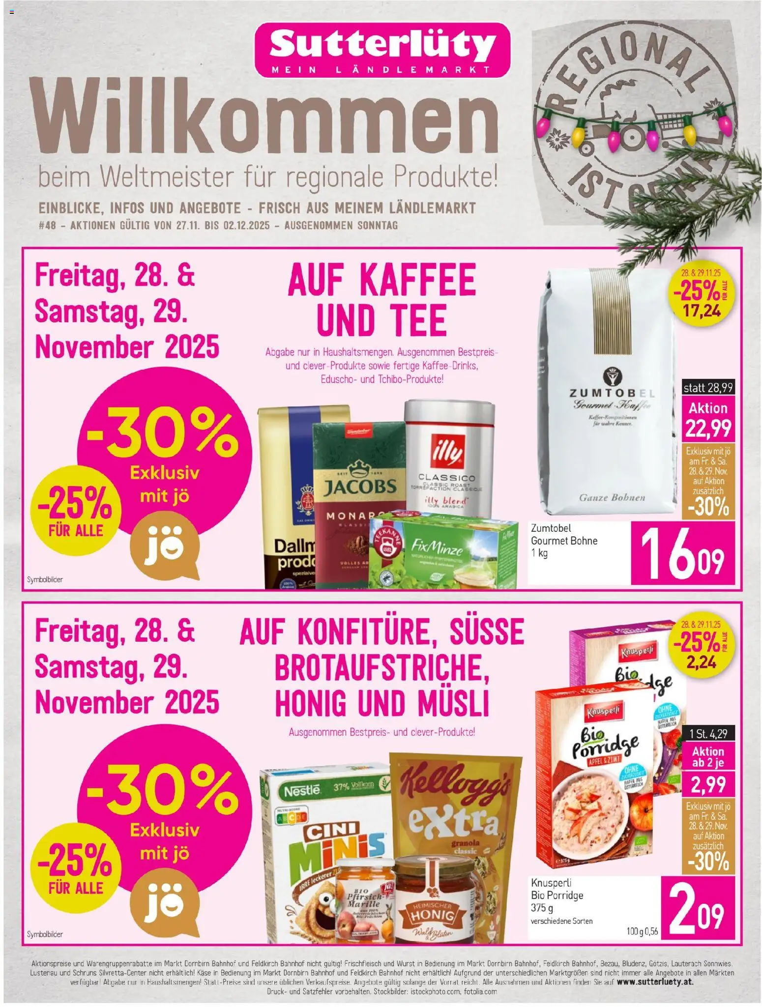 Sutterlüty Flugblatt gültig ab 27.11.2025 | Seite: 1 | Produkte: Pfirsich, Kaffee, Äpfel, Tee
