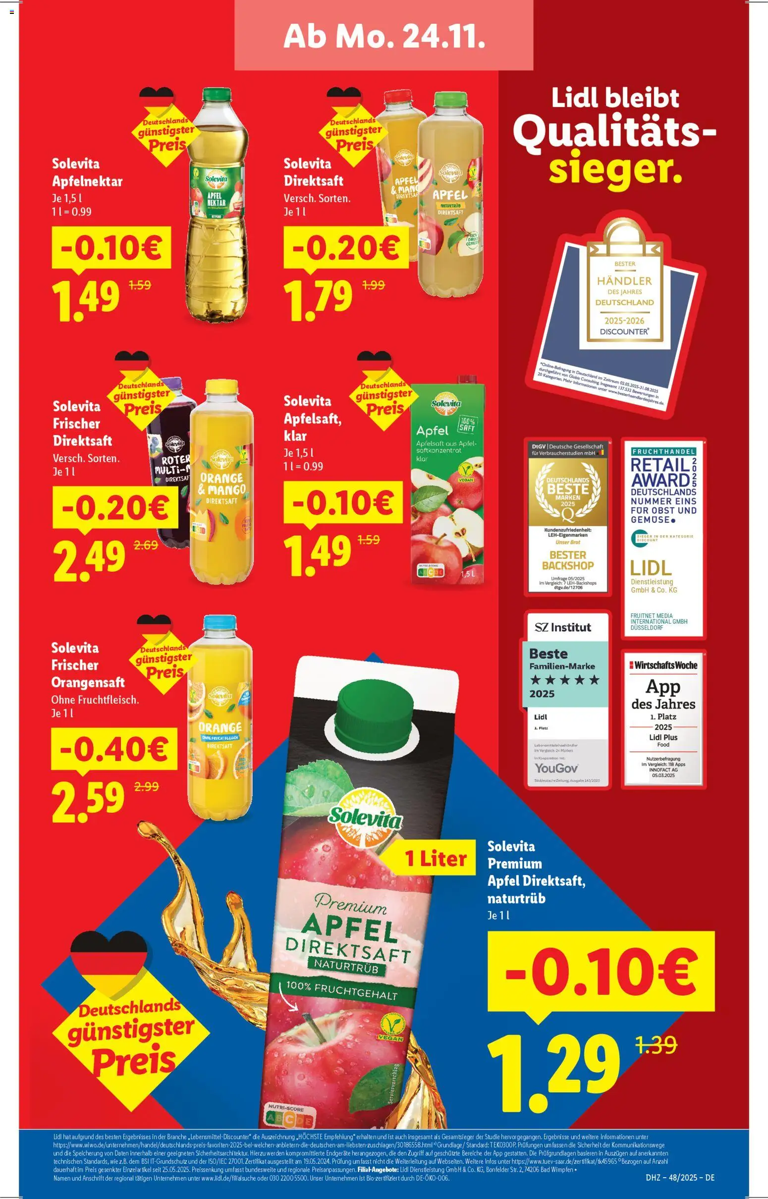 Lidl Prospekt Uffenheim – gültig ab 24.11.2025 | Seite: 3 | Produkte: Bad, Apfelsaft, Gemüse, Obst