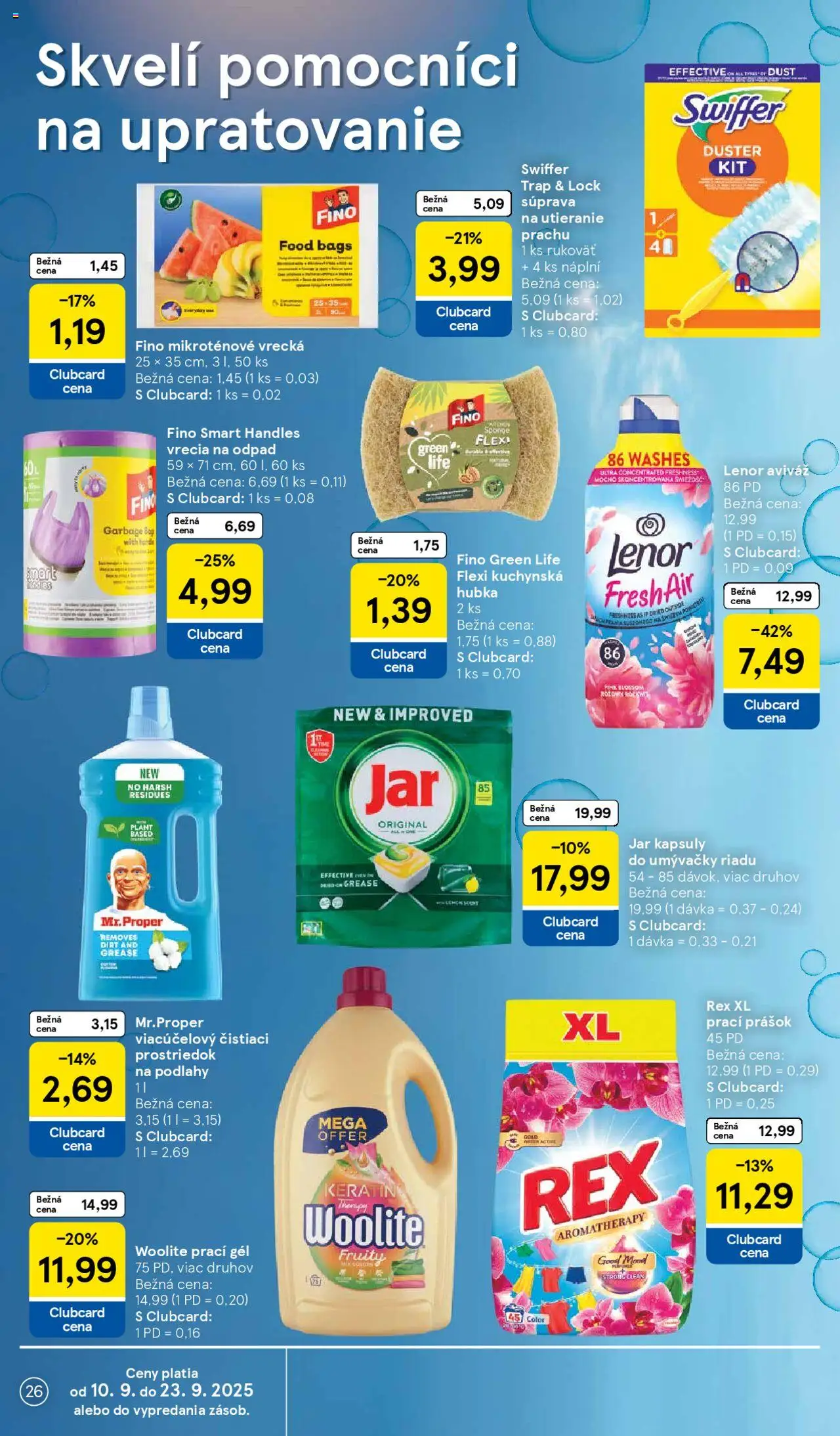 Nové Tesco akcie – leták je platný od 10.09.2025 | Strana: 26 | Produkty: Prací prášok, Kapsuly do umývačky riadu, Jar, Lenor