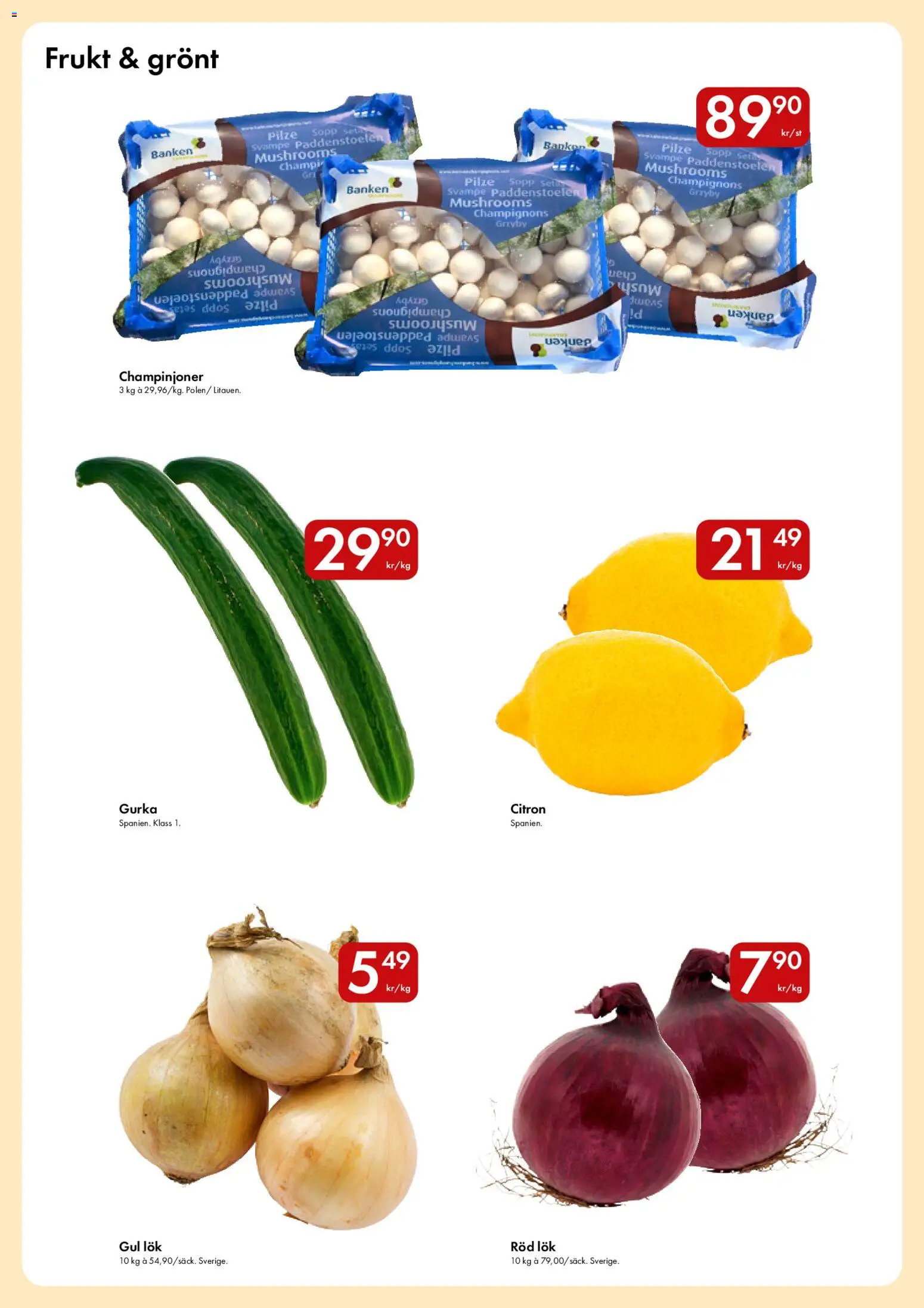 Snabbgross reklamblad aktuell från 18.02.2026 | Sida: 5 | Produkter: Champinjoner, Gul lök, Citron, Gurka