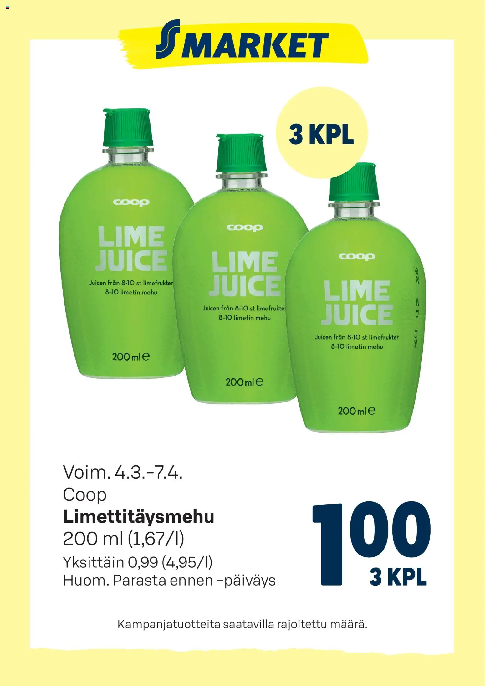 S-market tarjoukset Limettitäysmehu – voimassa 04.03.2026 alkaen | Sivu: 1 | Tuotteet: Mehu