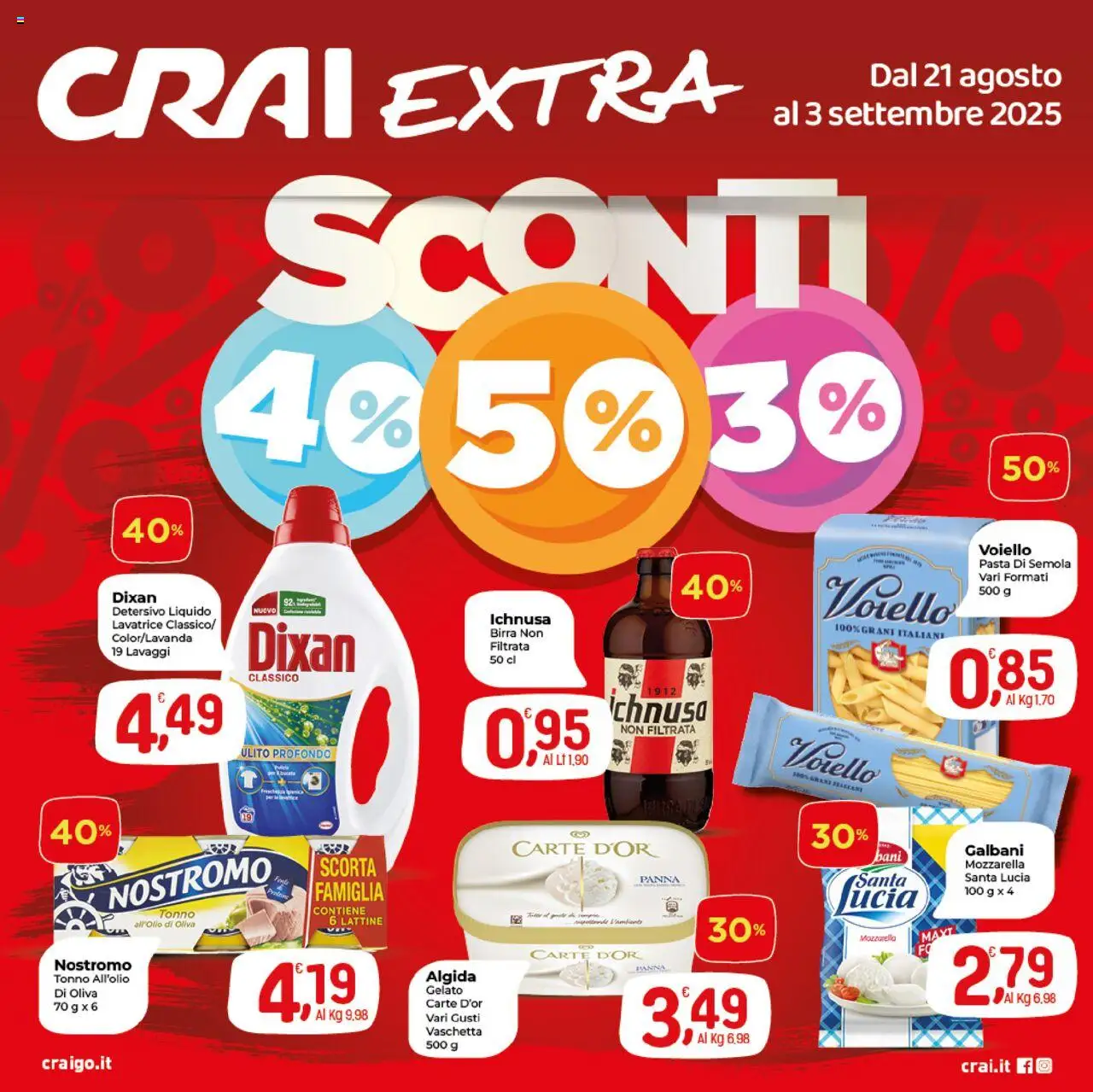 Volantino CRAI del 21.08.2025 | Pagina: 1 | Prodotti: Gelato, Mozzarella, Pasta, Tonno
