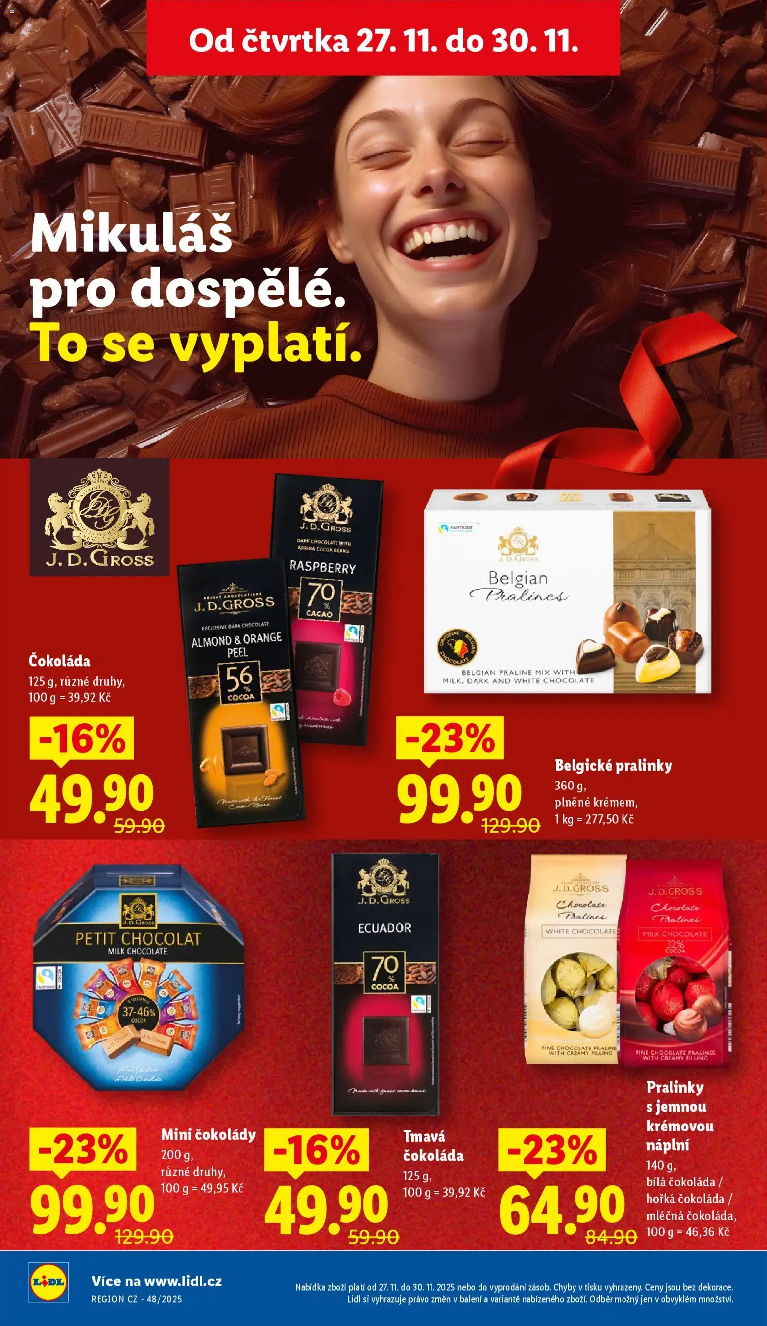 Lidl Black Friday od 27.11.2025 | Strana: 34 | Produkty: Čokoláda, Belgické pralinky, Bílá čokoláda, Milk chocolate