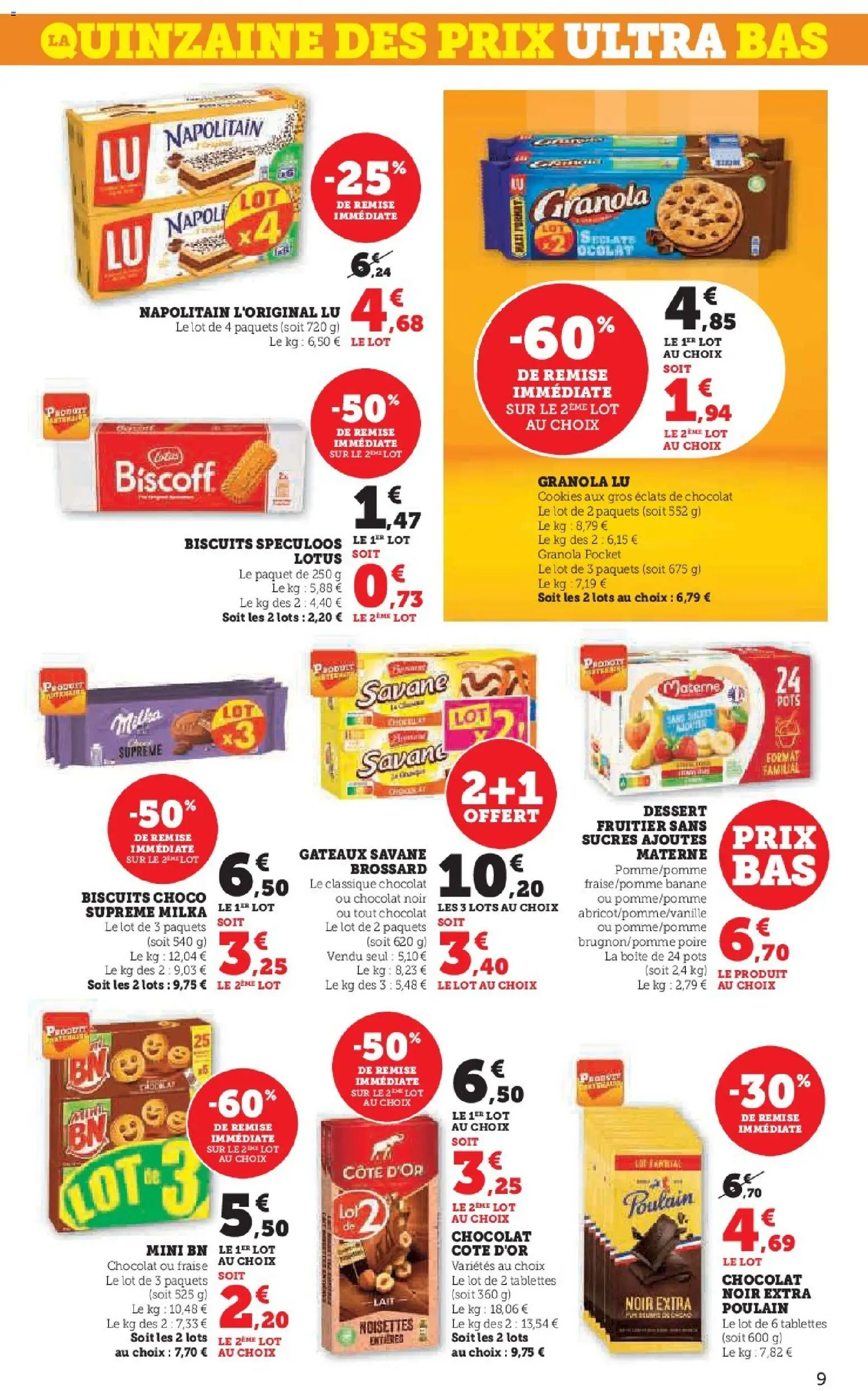 {H1} | Page: 9 | Produits: Poire, Banane, Chocolat, Granola