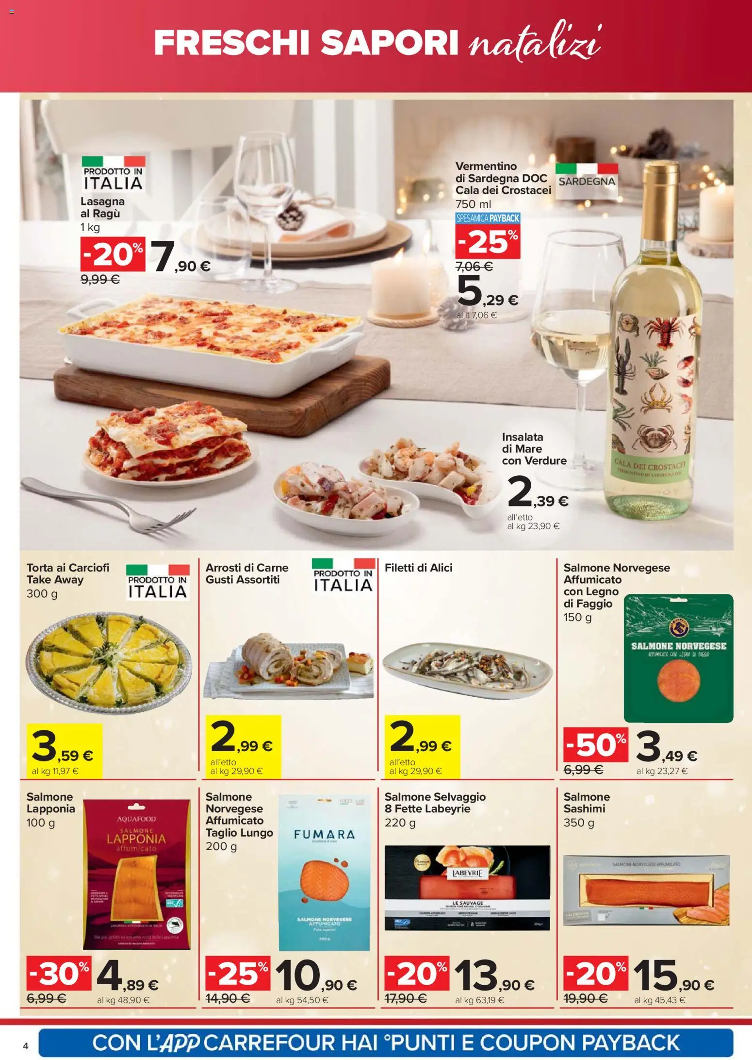 Volantino Carrefour del 18.12.2025 | Pagina: 4 | Prodotti: Salmone, Ragú, Torta, Alici