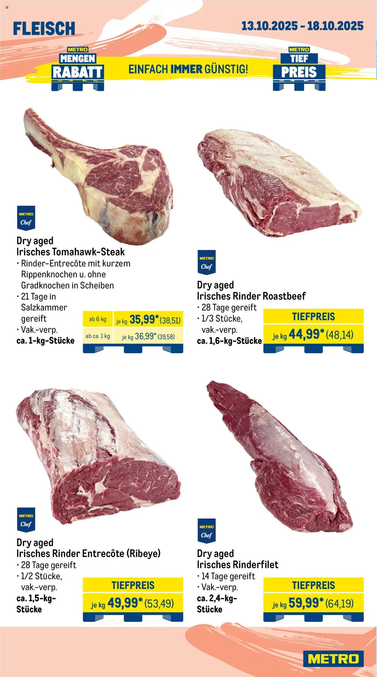 Metro Wochen-Angebote Gastro – gültig ab 13.10.2025 | Seite: 4 | Produkte: Rinderfilet, Entrecote, Roastbeef, Fleisch