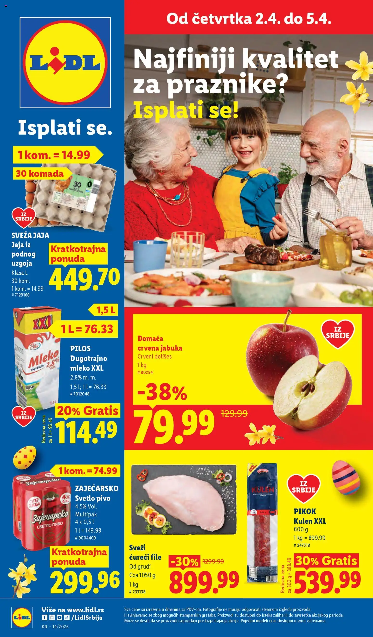 Lidl katalog - važi od 02.04.2026 | Strana: 1 | Proizvode: Dugotrajno mleko, Kulen, Ćureći file, Pivo