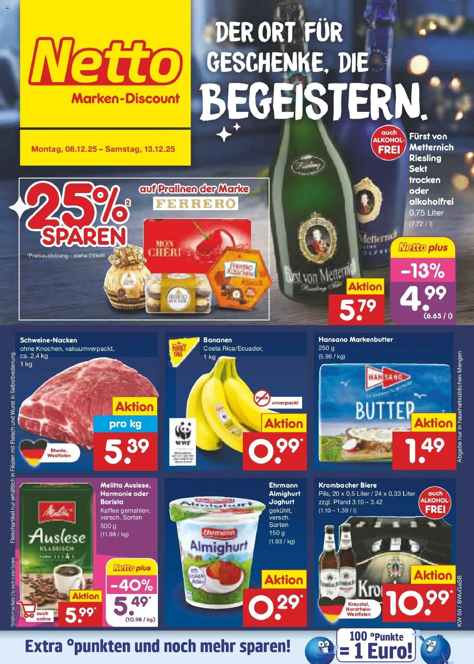Netto Marken-Discount Prospekt 	 – gültig ab 08.12.2025 | Seite: 1 | Produkte: Kaffee, Wurst, Krombacher, Fleisch