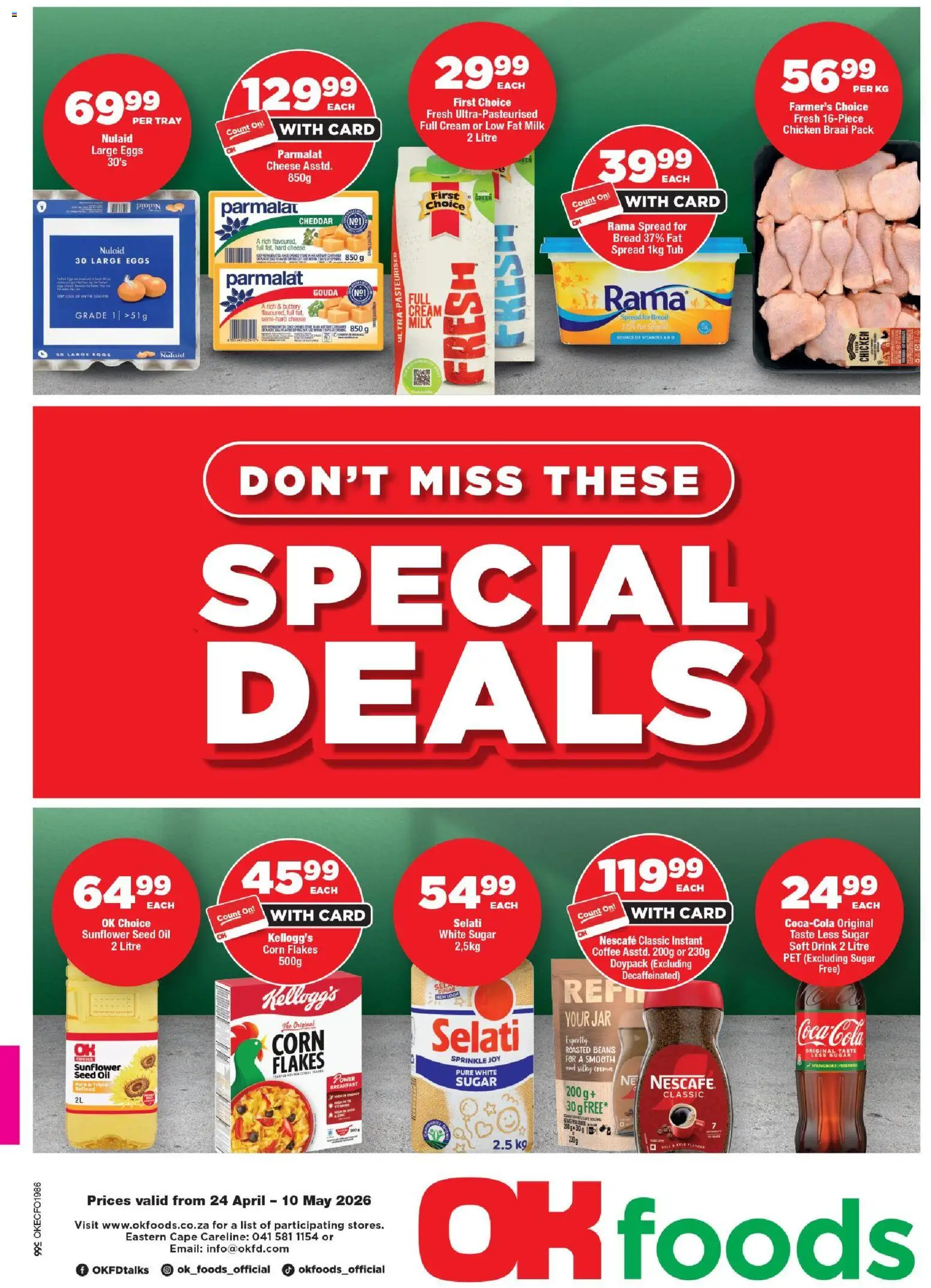 New OK Foods catalogue – valid from 24.04.2026 | Page: 1 | Products: Milk, Eggs, Oil, Sugar