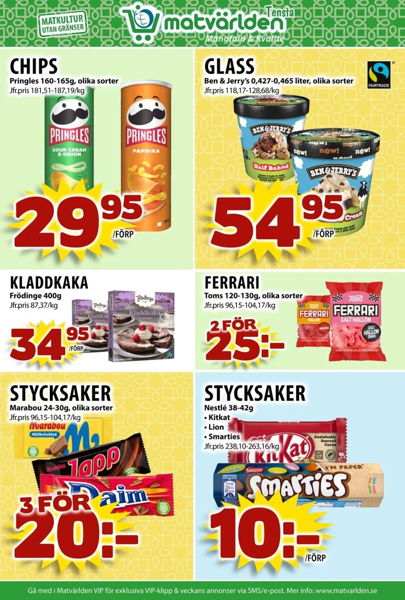Matvärlden reklamblad aktuell från 23.02.2026 | Sida: 2 | Produkter: Pringles, Salt, Chips, Glass