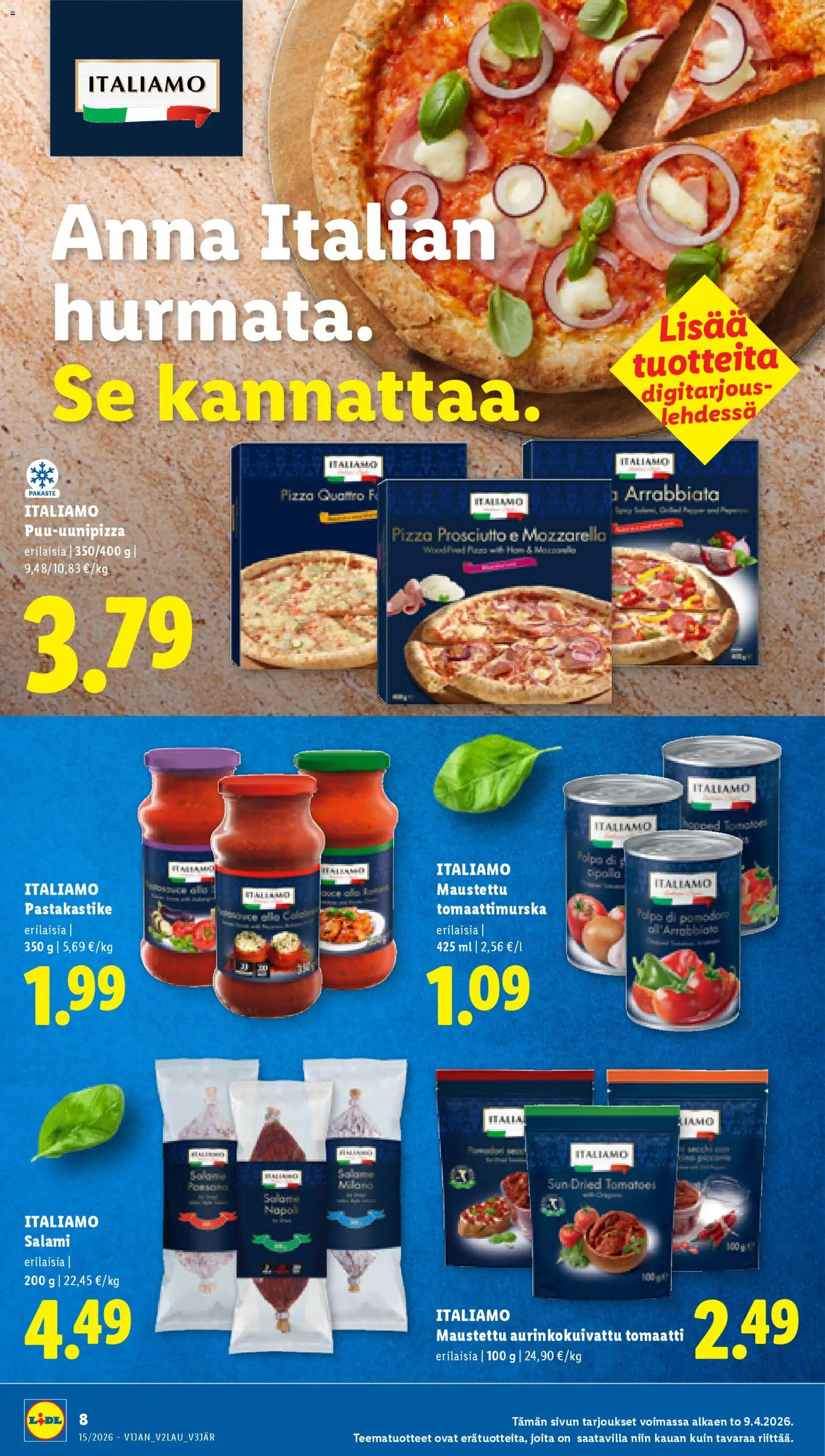 Lidl tarjoukset – voimassa 09.04.2026 alkaen | Sivu: 8 | Tuotteet: Mozzarella, Pastakastike, Salami, Pizza