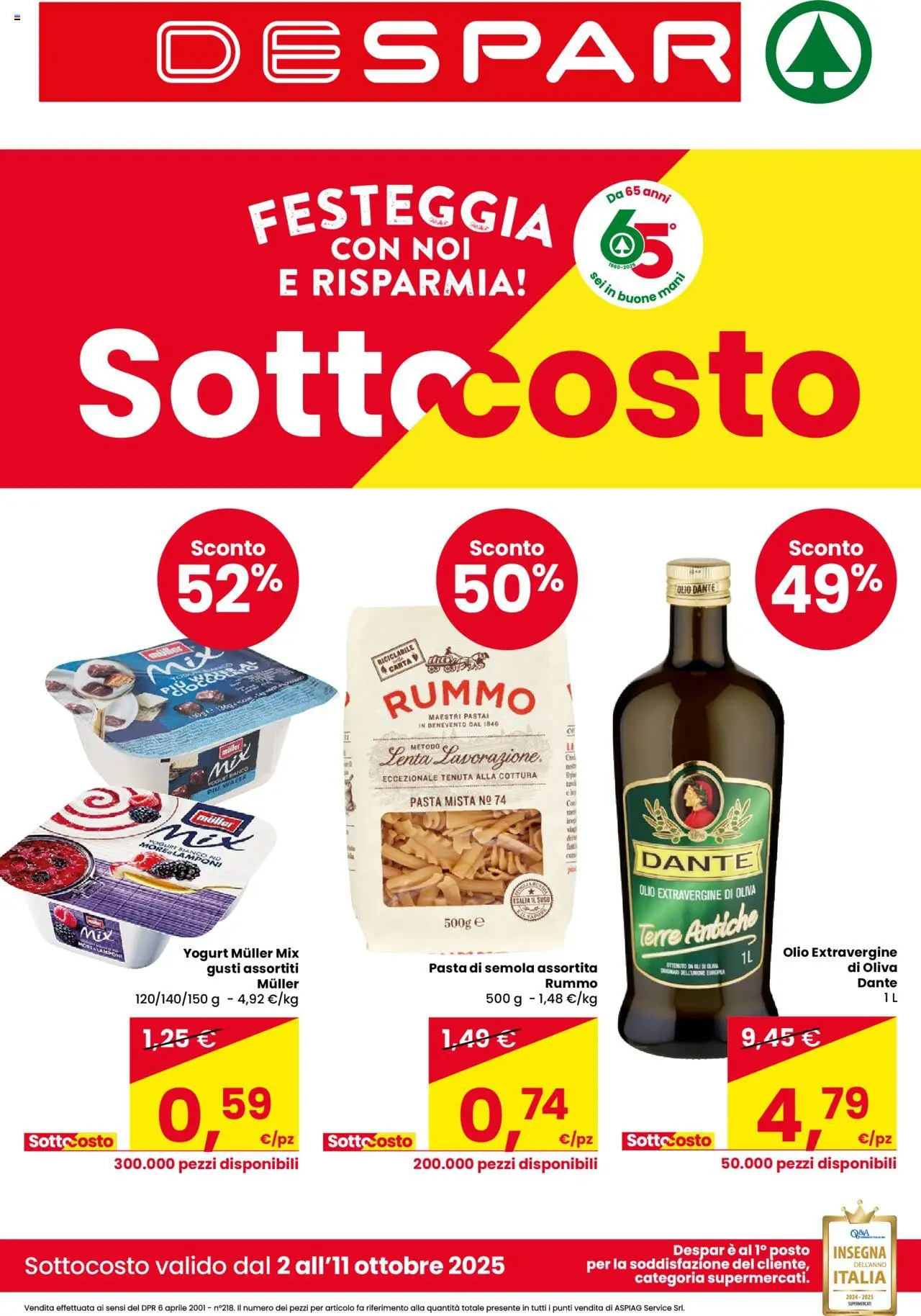 Volantino Despar del 02.10.2025 | Pagina: 1 | Prodotti: Yogurt, Olio, Pasta