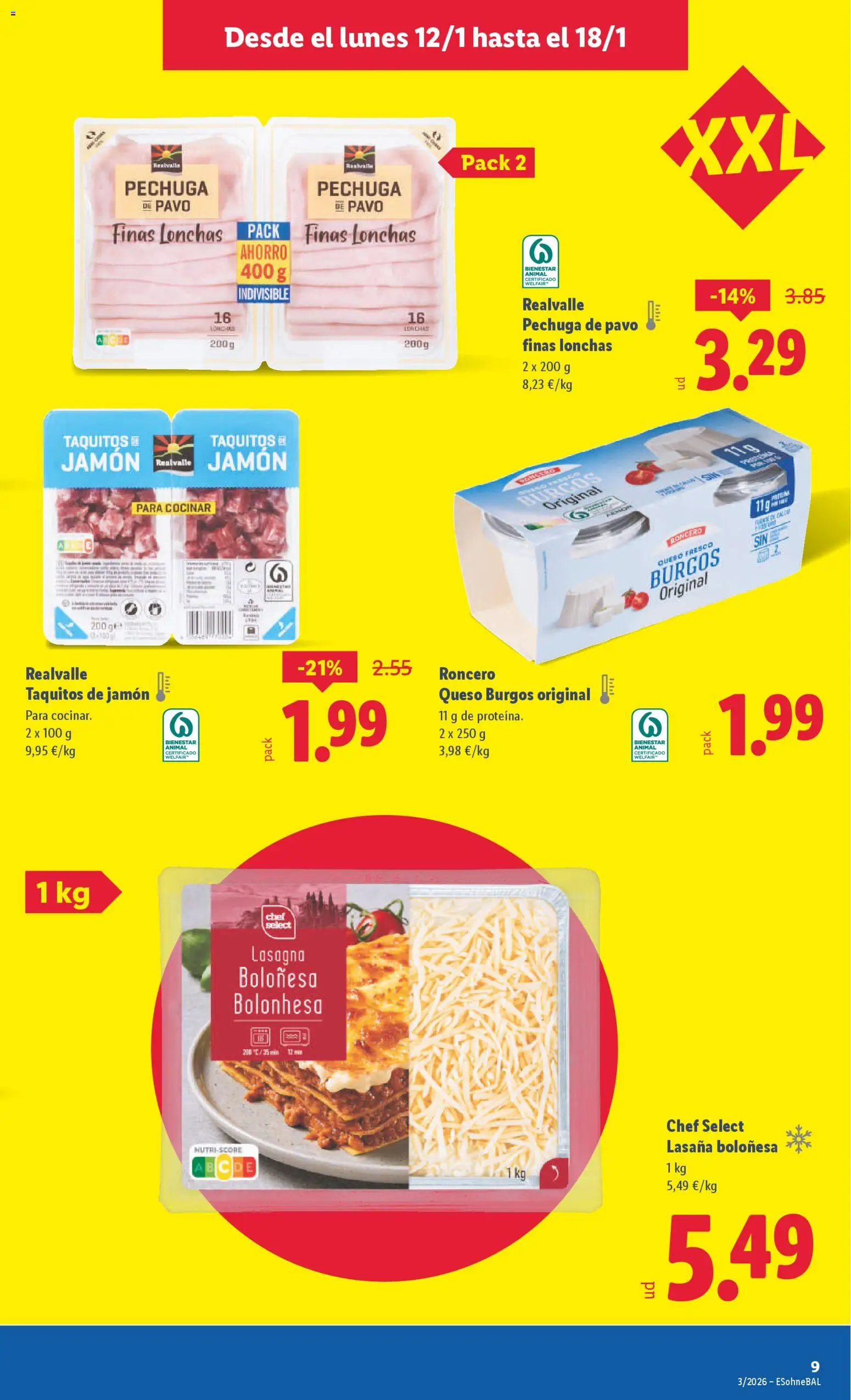 Lidl folleto │ válido desde el 12.01.2026 | Página: 9 | Productos: Queso, Jamón, Queso fresco, Lasaña