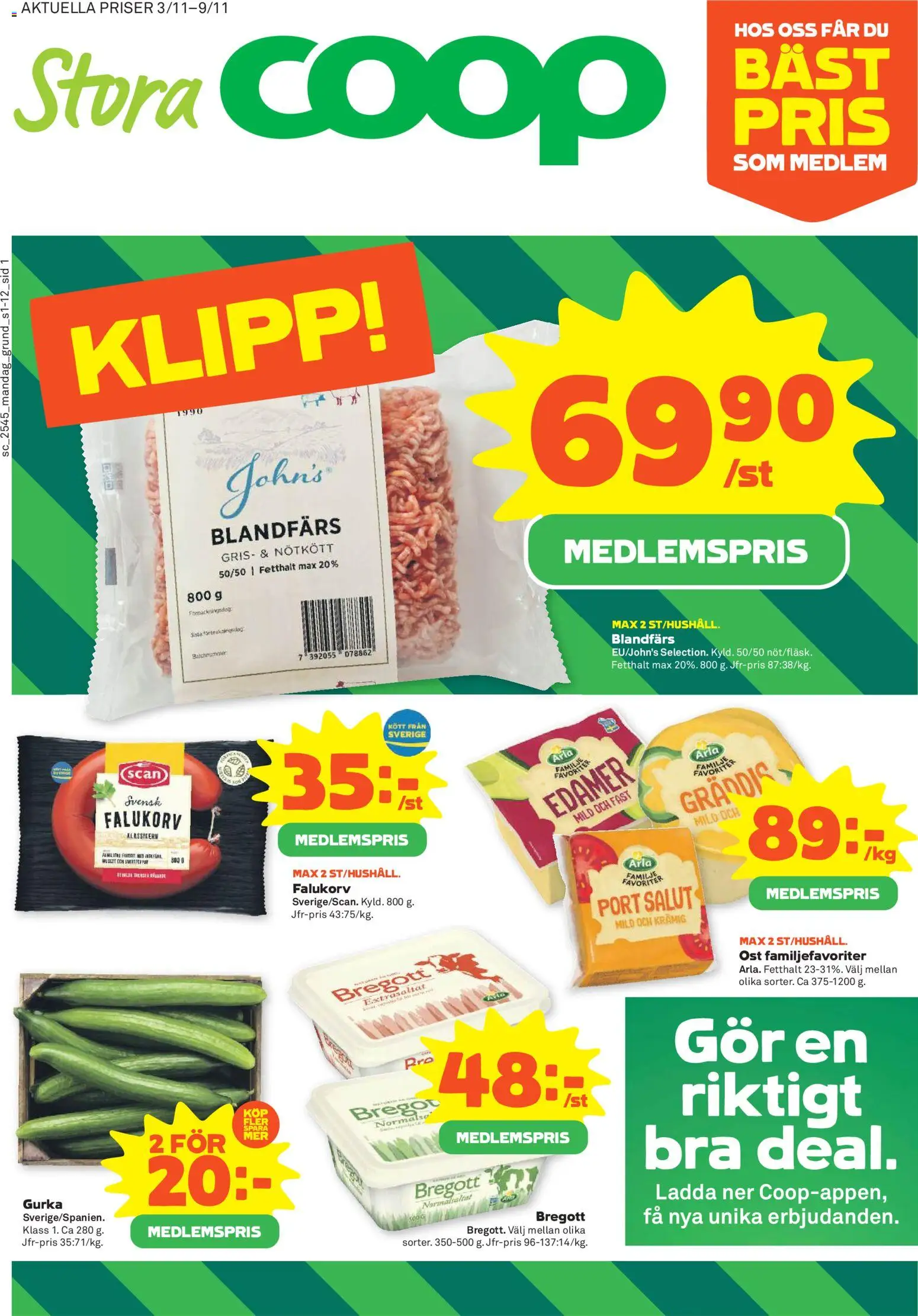 Stora Coop reklamblad aktuell från 03.11.2025 | Sida: 1 | Produkter: Bregott, Blandfärs, Nötkött, Gurka
