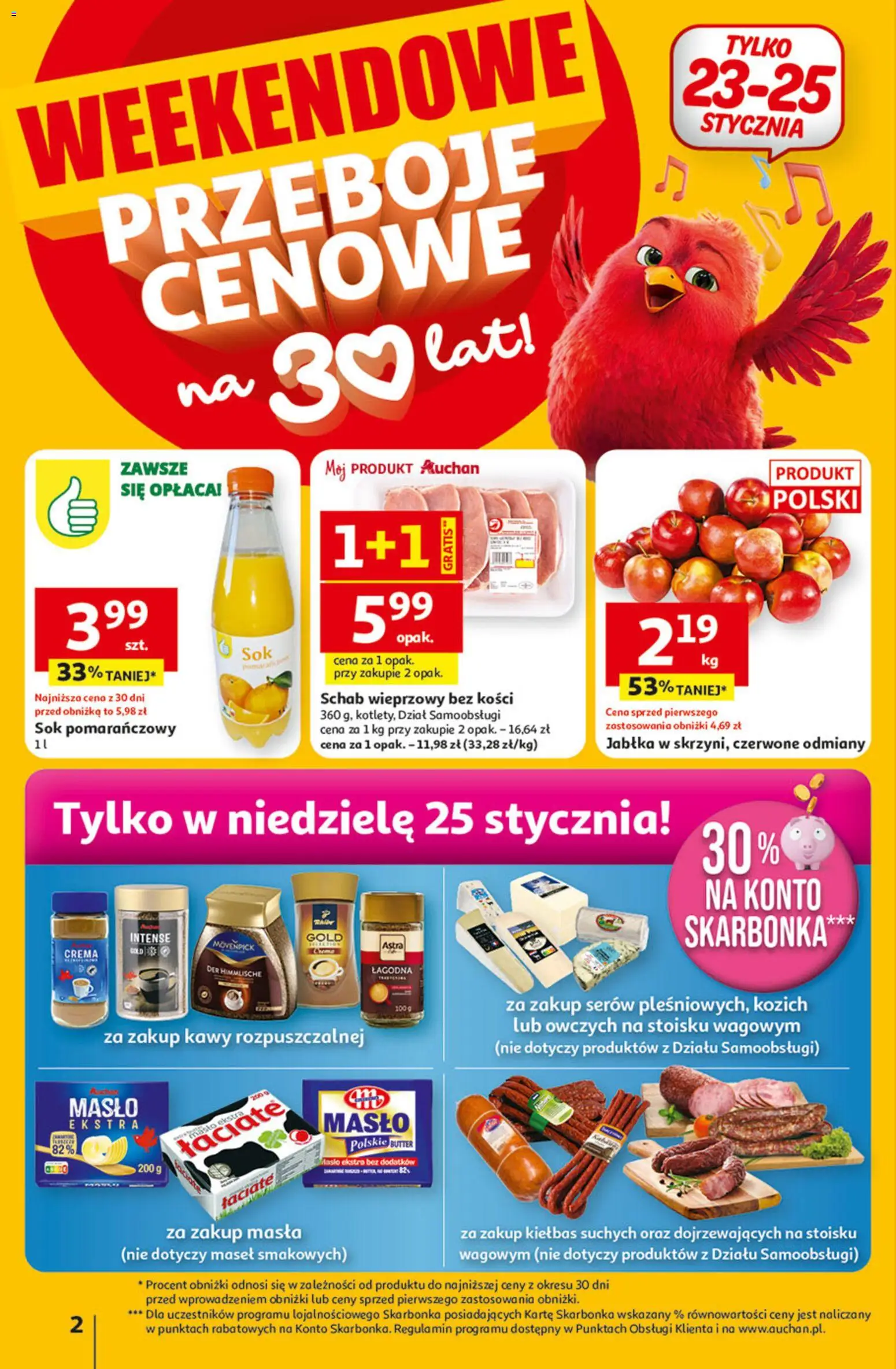 Auchan Gazetka - 30 Lat Hipermarket od 22.01.2026 | Strona: 2 | Produkty: Schab, Schab wieprzowy, Masło, Sok
