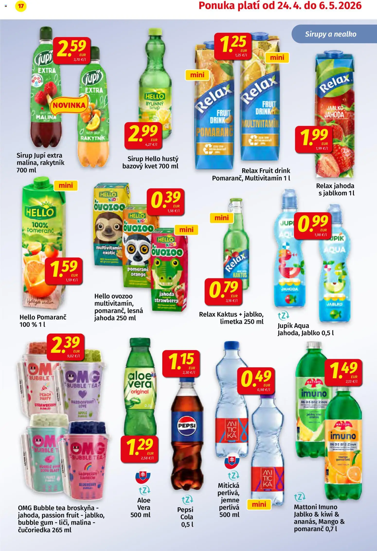 Nové Koruna akcie – leták je platný od 24.04.2026 | Strana: 17 | Produkty: Kiwi, Mattoni, Pepsi, Mango