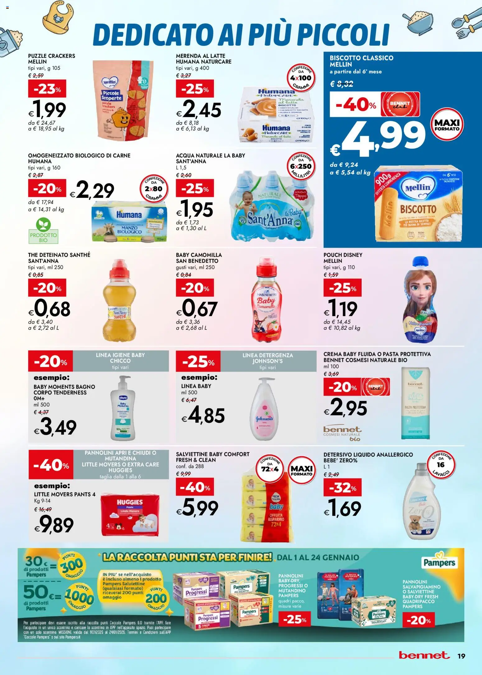 Volantino bennet del 15.01.2026 | Pagina: 19 | Prodotti: Pannolini, Manzo, Acqua, The