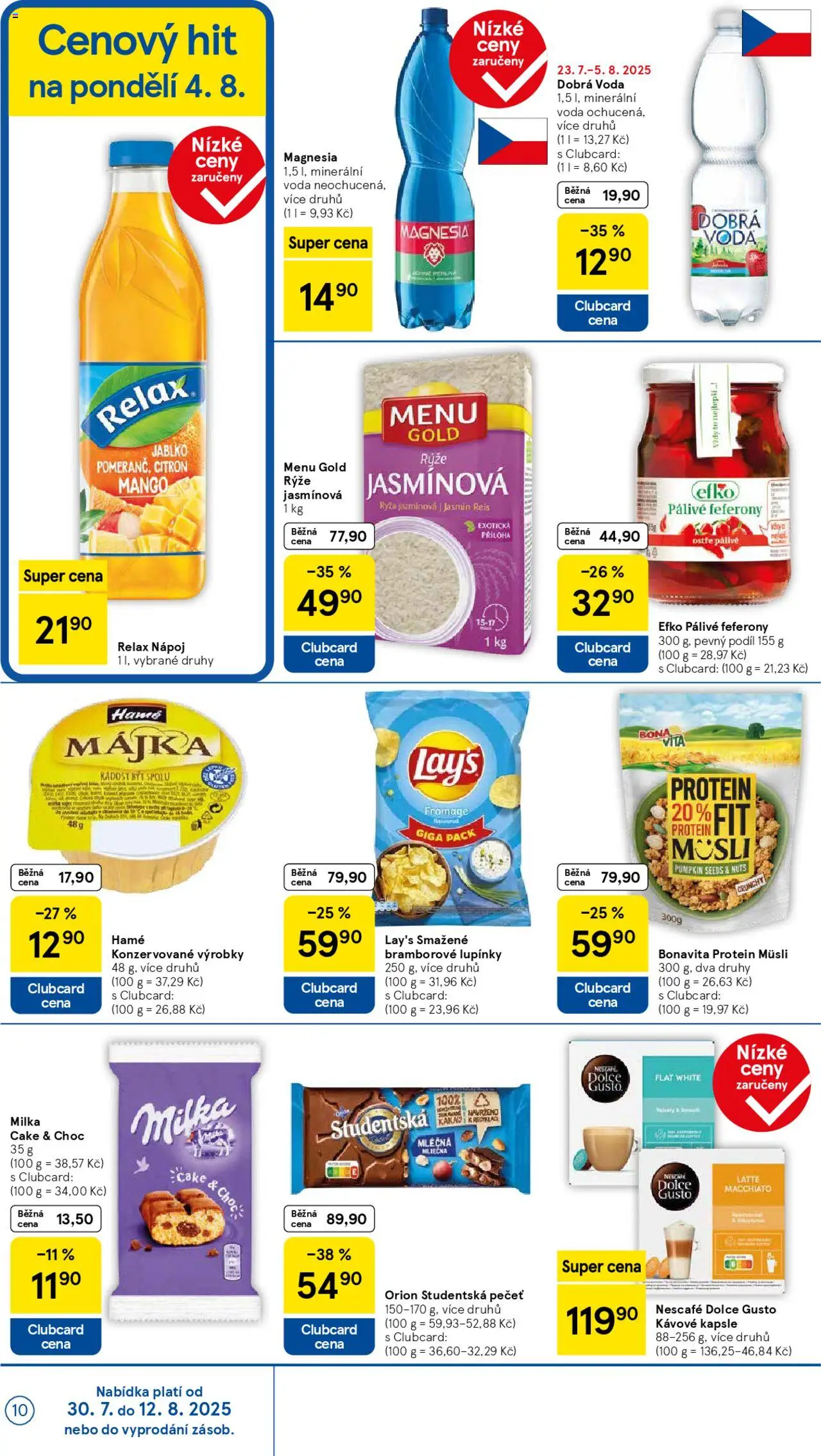 Tesco leták - Hypermarket od 30.07.2025 | Strana: 10 | Produkty: Dobrá voda, Kávové kapsle, Protein, Orion Studentská pečeť