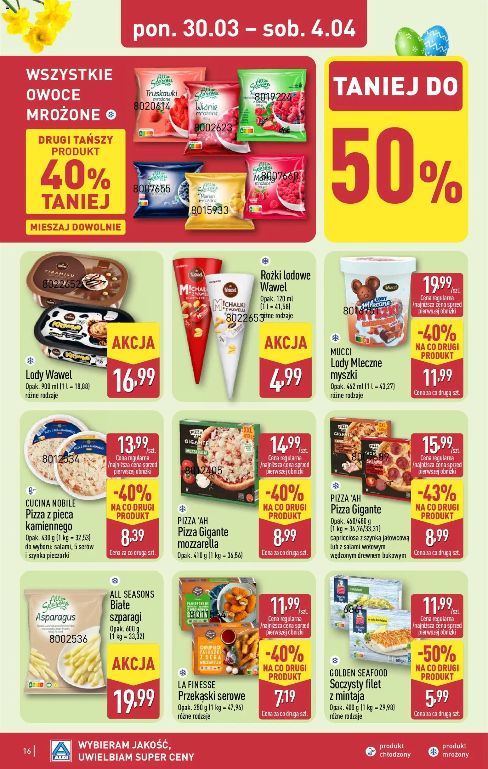 Aldi gazetka od 30.03.2026 | Strona: 16 | Produkty: Pieczarki, Pizza, Mozzarella, Lody