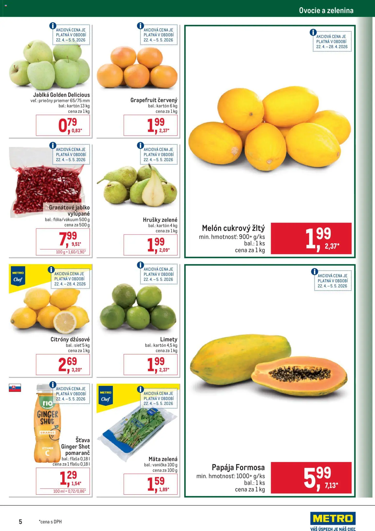 Nové Metro akcie – leták je platný od 22.04.2026 | Strana: 5 | Produkty: Jablká, Melón, Hrušky, Ovocie
