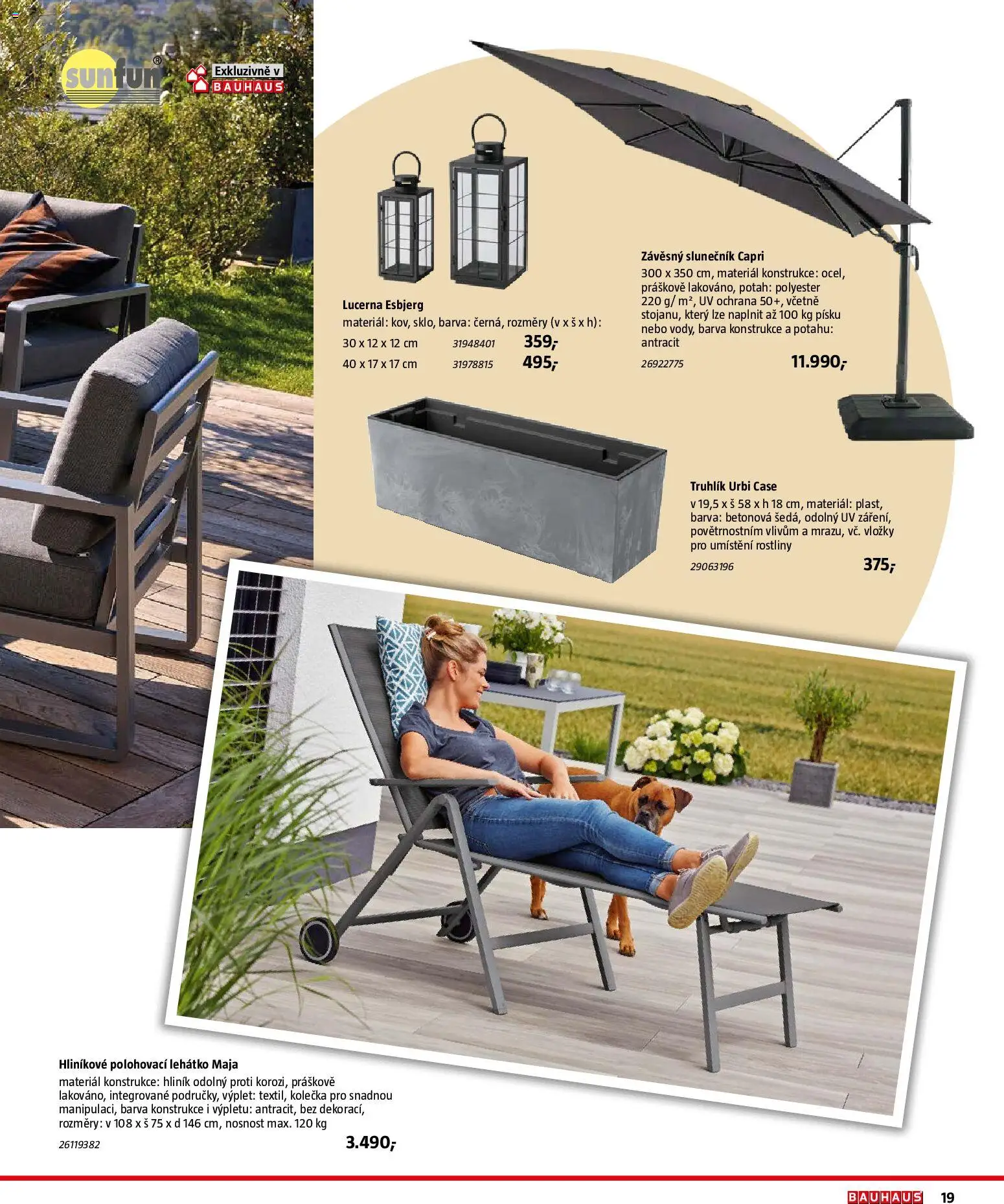 Bauhaus katalog Záhradní nábytek od 08.04.2026 | Strana: 19 | Produkty: Truhlík, Rostliny, Lehátko, Slunečník