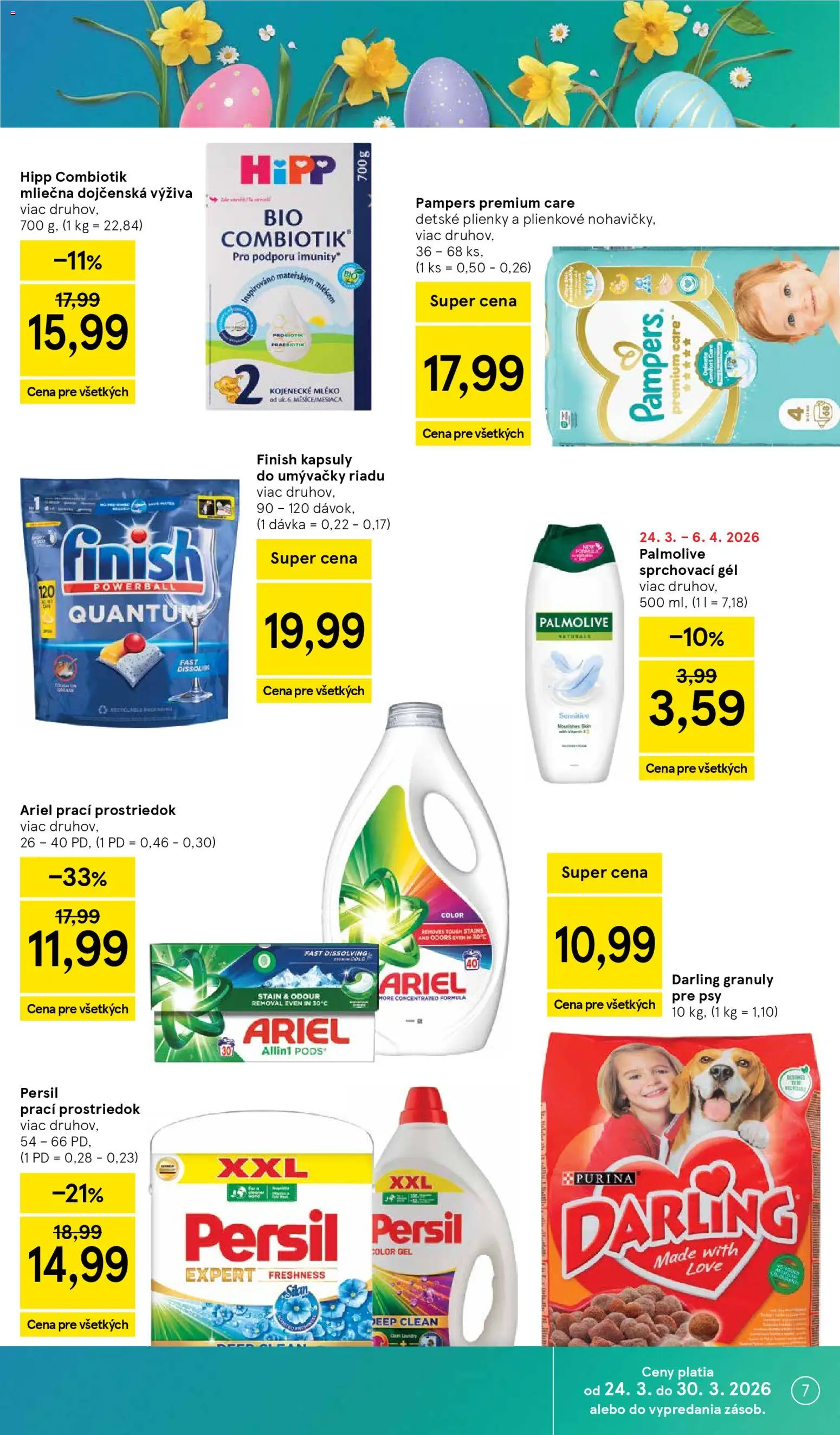 Nové Tesco akcie – leták je platný od 25.03.2026 | Strana: 7 | Produkty: Pampers Premium Care, Kapsuly do umývačky riadu, Plienky, Pampers