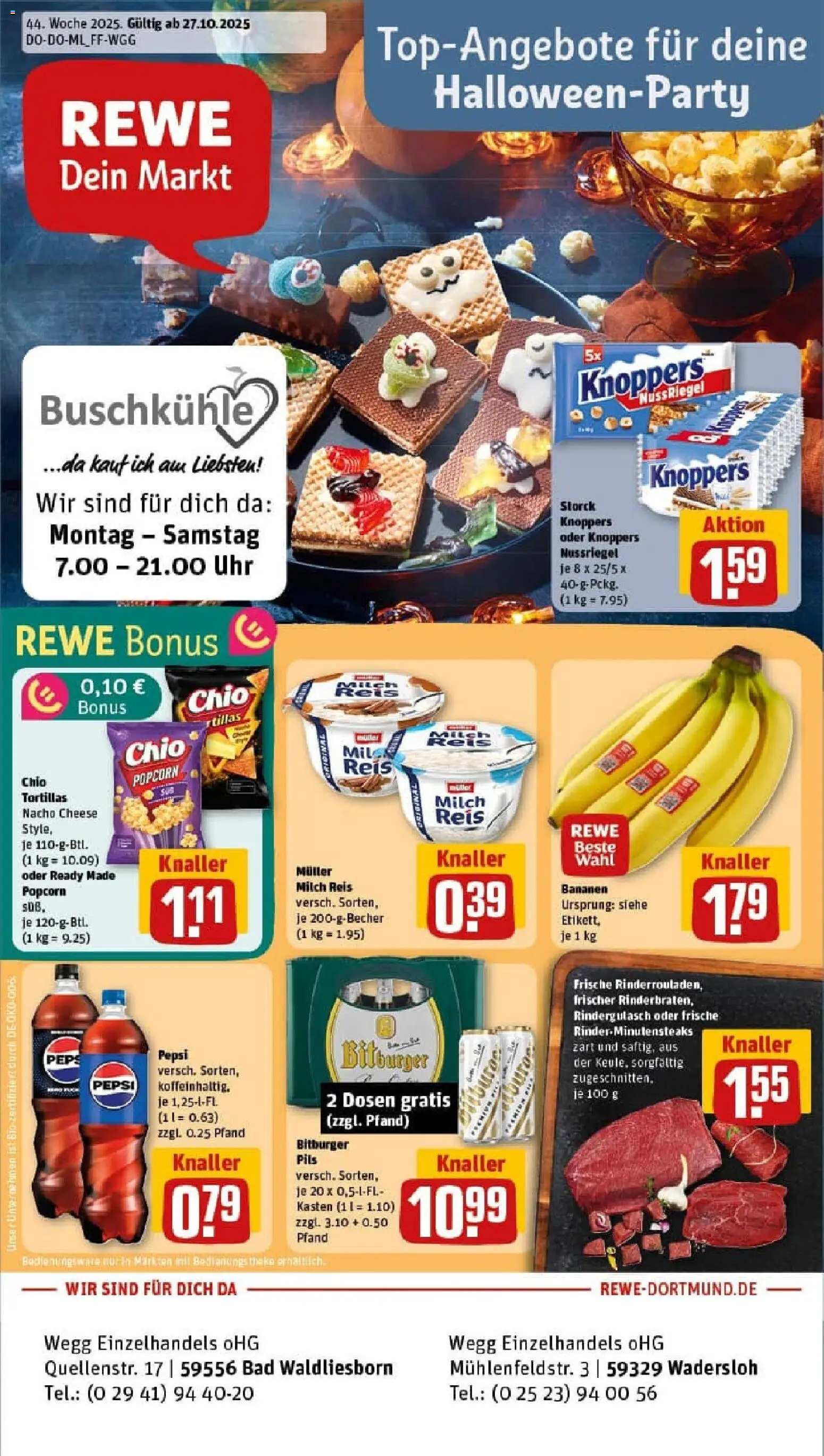 Rewe prospekt Lippstadt / Bad Waldliesborn	 – gültig ab 26.10.2025 | Seite: 1 | Produkte: Knoppers, Chio tortillas, Reis, Uhr