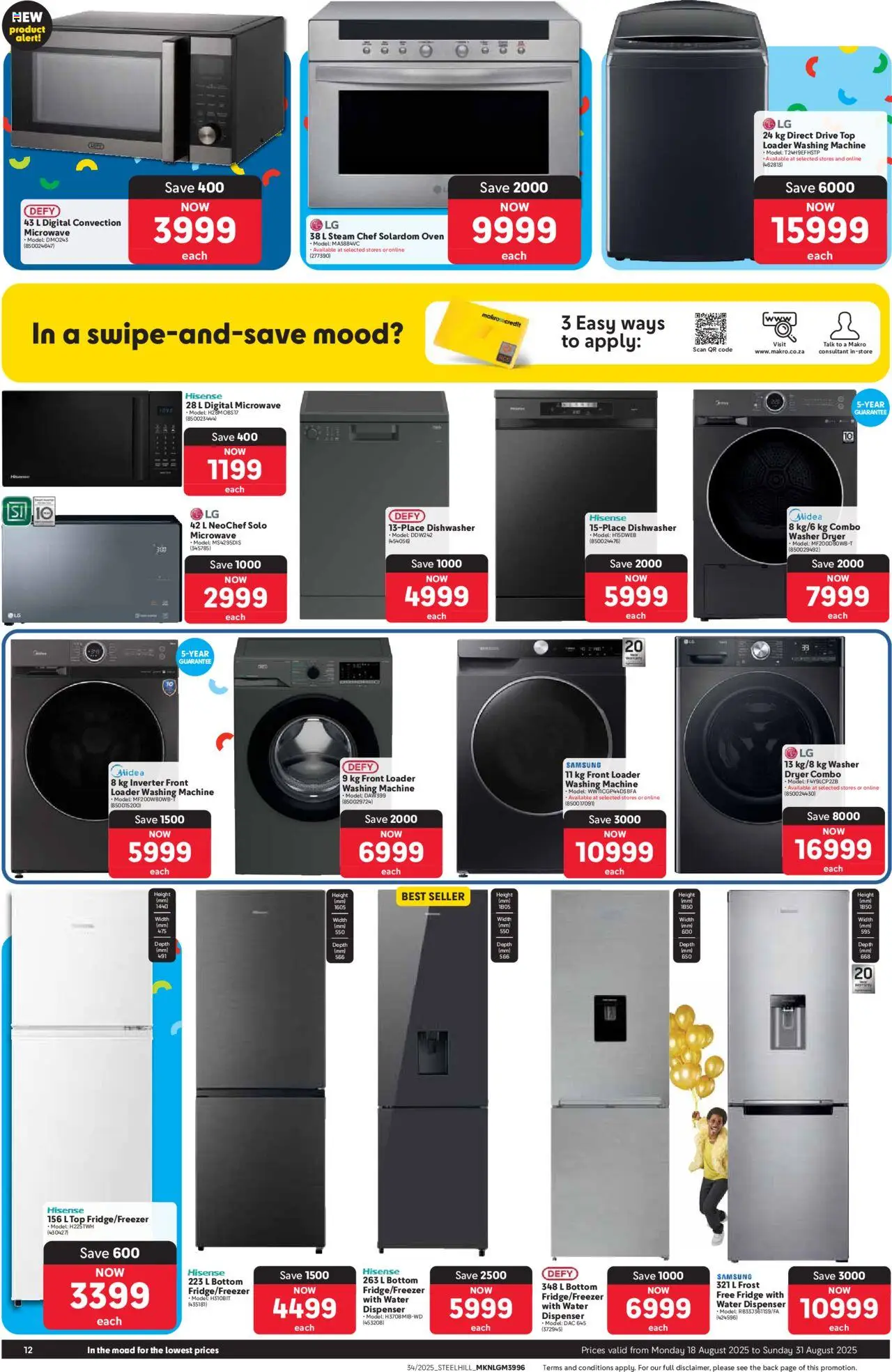 Makro Specials │ valid from 18.08.2025 | Page: 12 | Products: Washing machine, Dishwasher, Microwave, Water