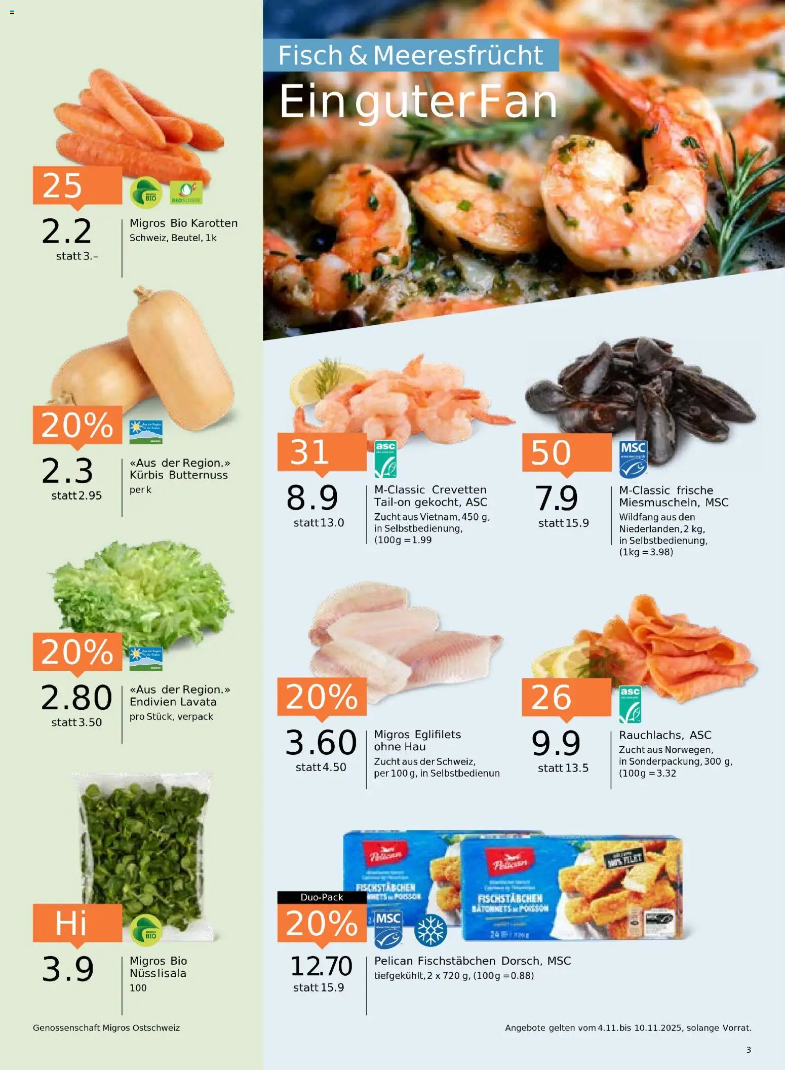 Migros Aktionen – gültig ab 04.11.2025 | Seite: 3 | Produkte: Fisch, Kürbis