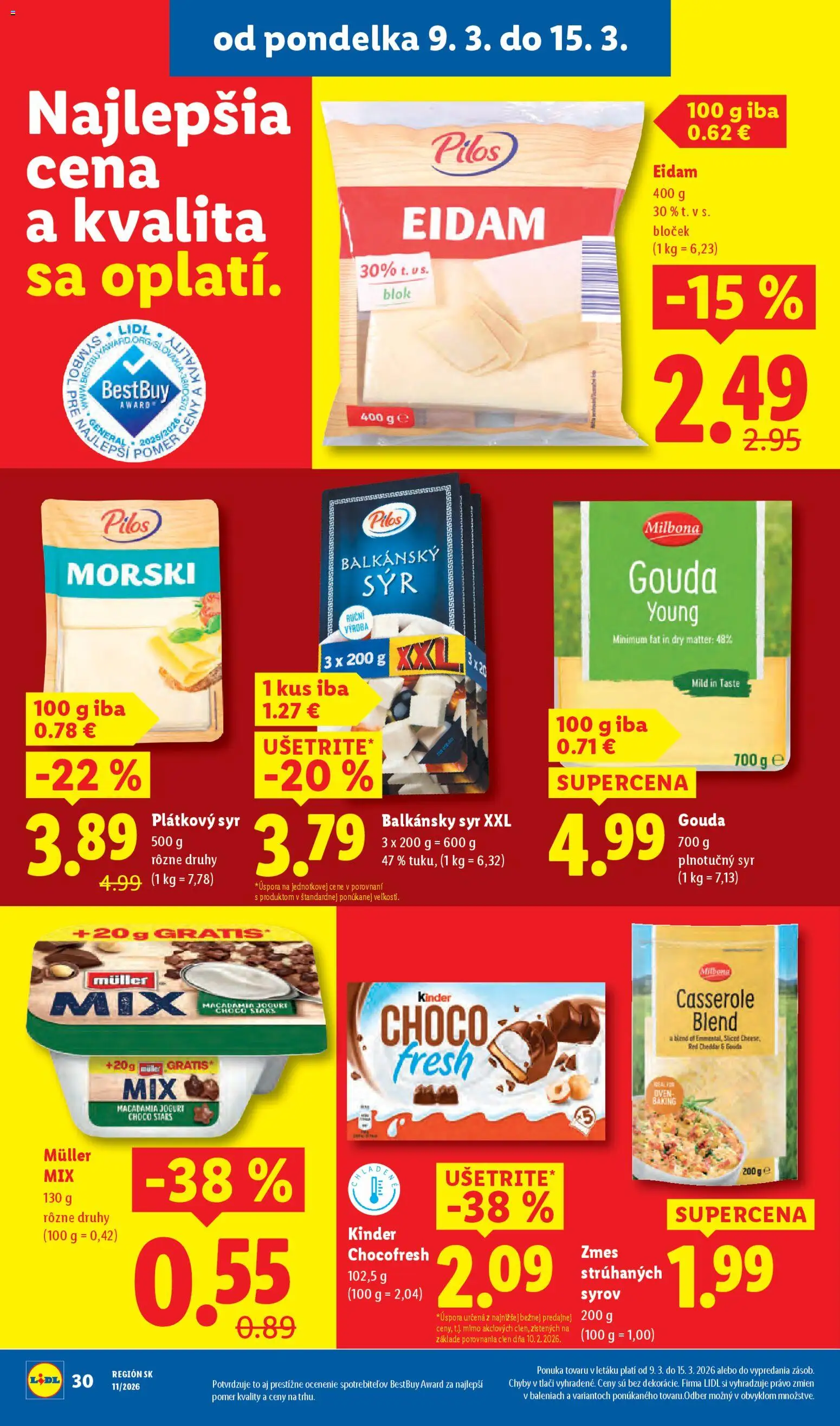 Nové Lidl akcie – leták je platný od 09.03.2026 | Strana: 34 | Produkty: Syr, Gouda, Eidam, Kinder