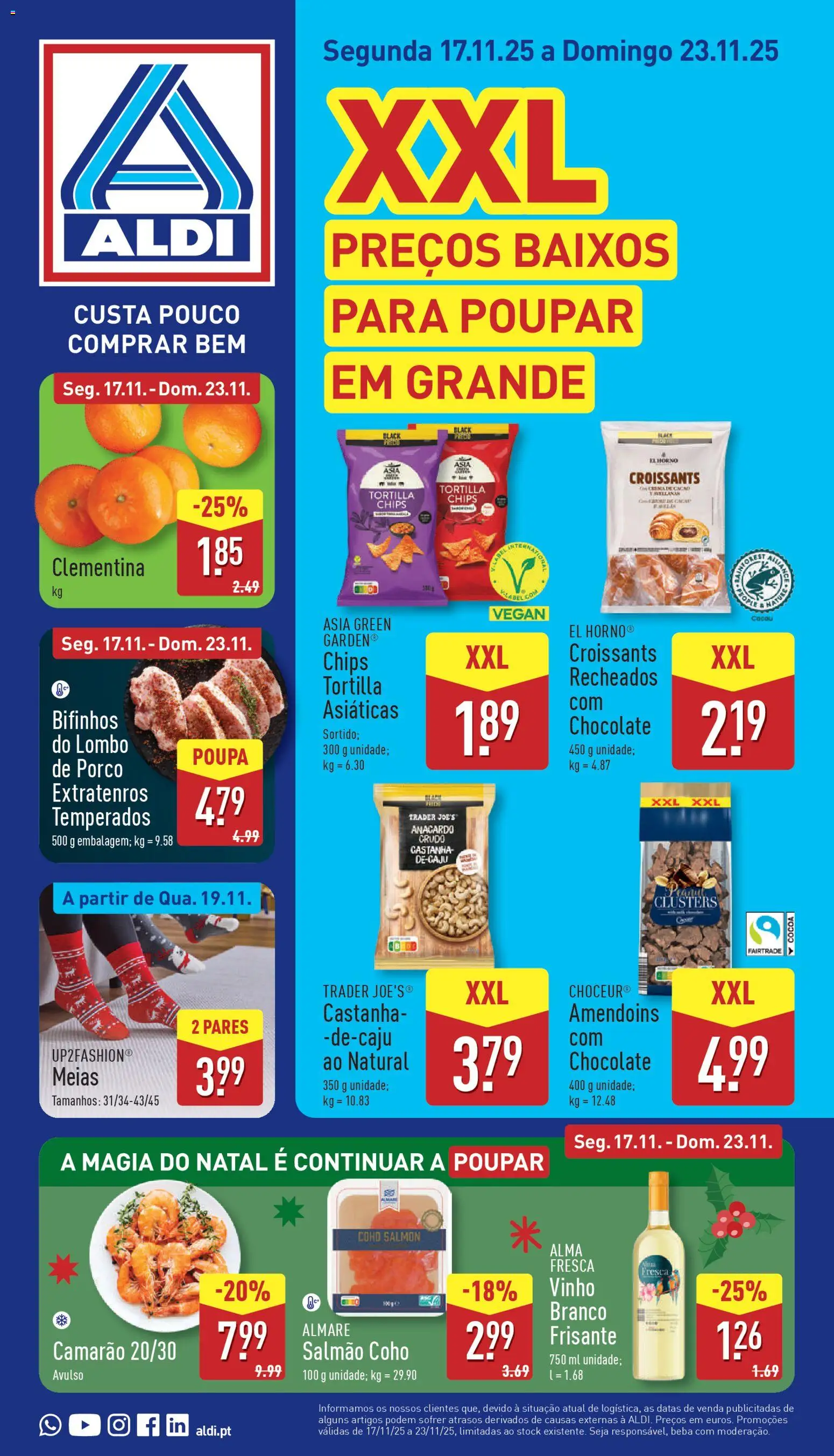Aldi folheto │ válido de 17.11.2025 | Página: 1 | Produtos: Camarão, Salmão, Chocolate, Vinho