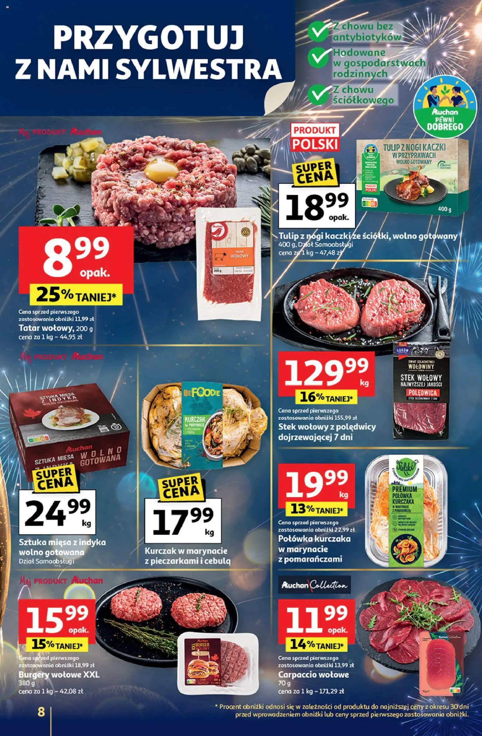 Auchan Gazetka - Sylwestrowe Okazje od 27.12.2025 | Strona: 8 | Produkty: Kurczak, Carpaccio wołowe, Carpaccio, Burgery wolowe