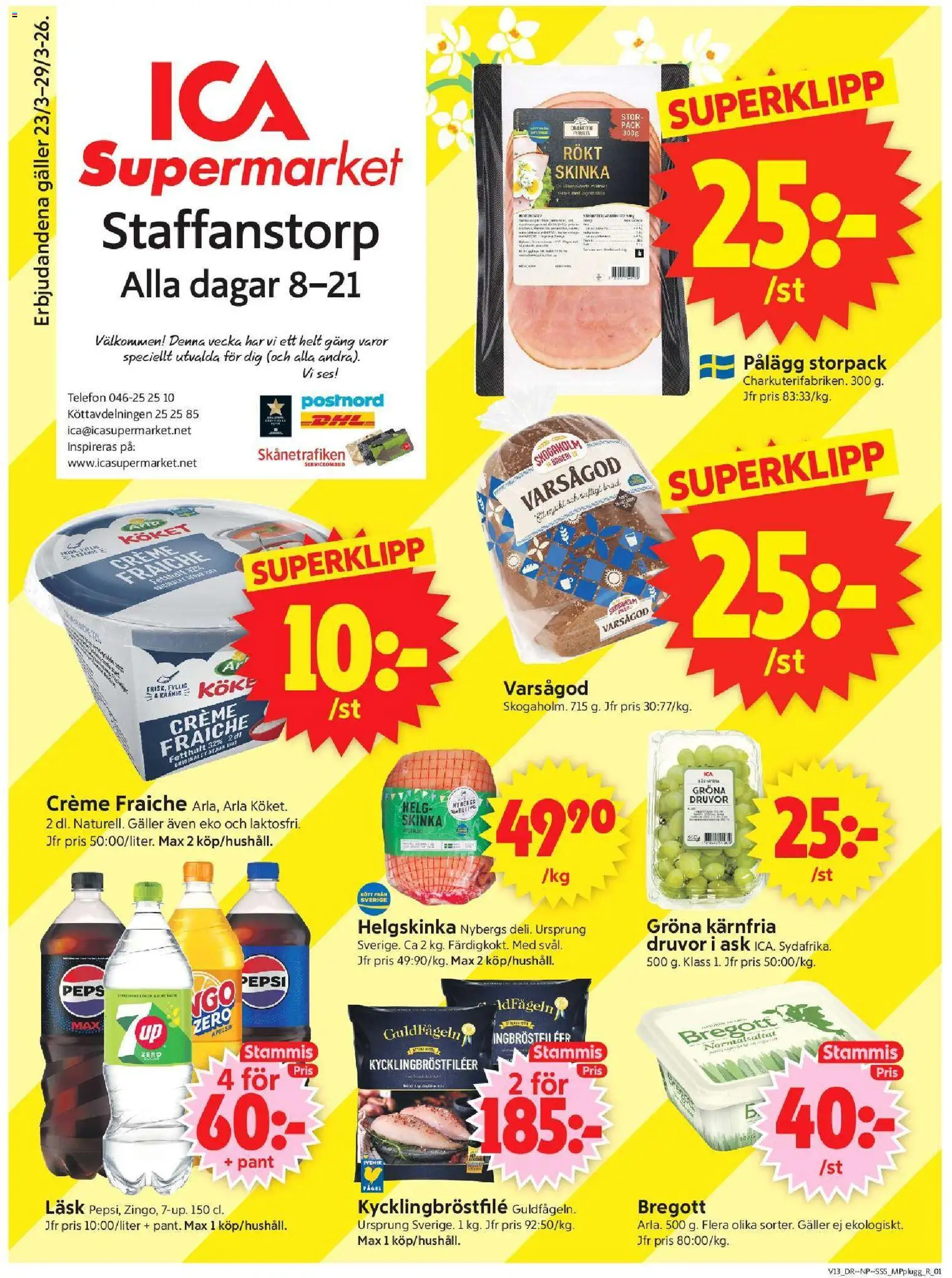 ICA Supermarket reklamblad aktuell från 23.03.2026 | Sida: 1 | Produkter: Bageri, Galler, Pepsi, Telefon