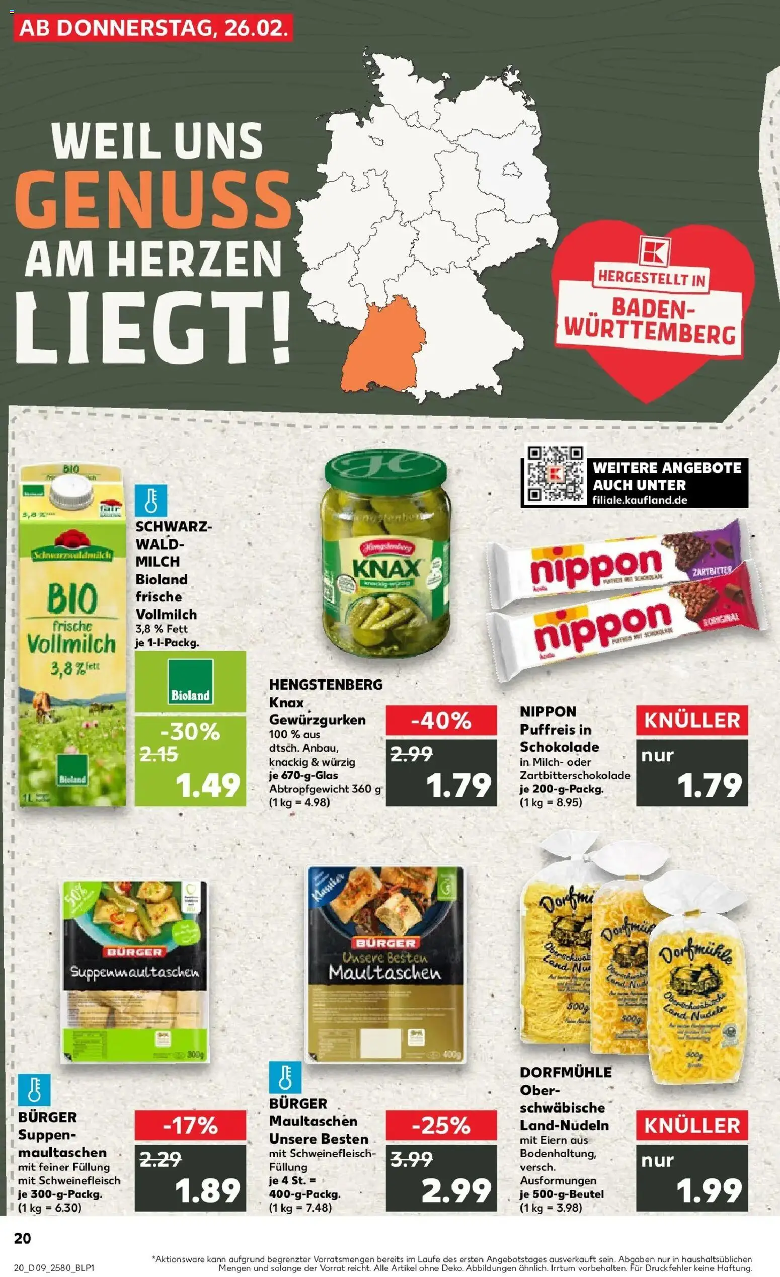 Kaufland prospekt Ludwigsburg	 – gültig ab 26.02.2026 | Seite: 20 | Produkte: Milch, Burger, Schweinefleisch, Maultaschen