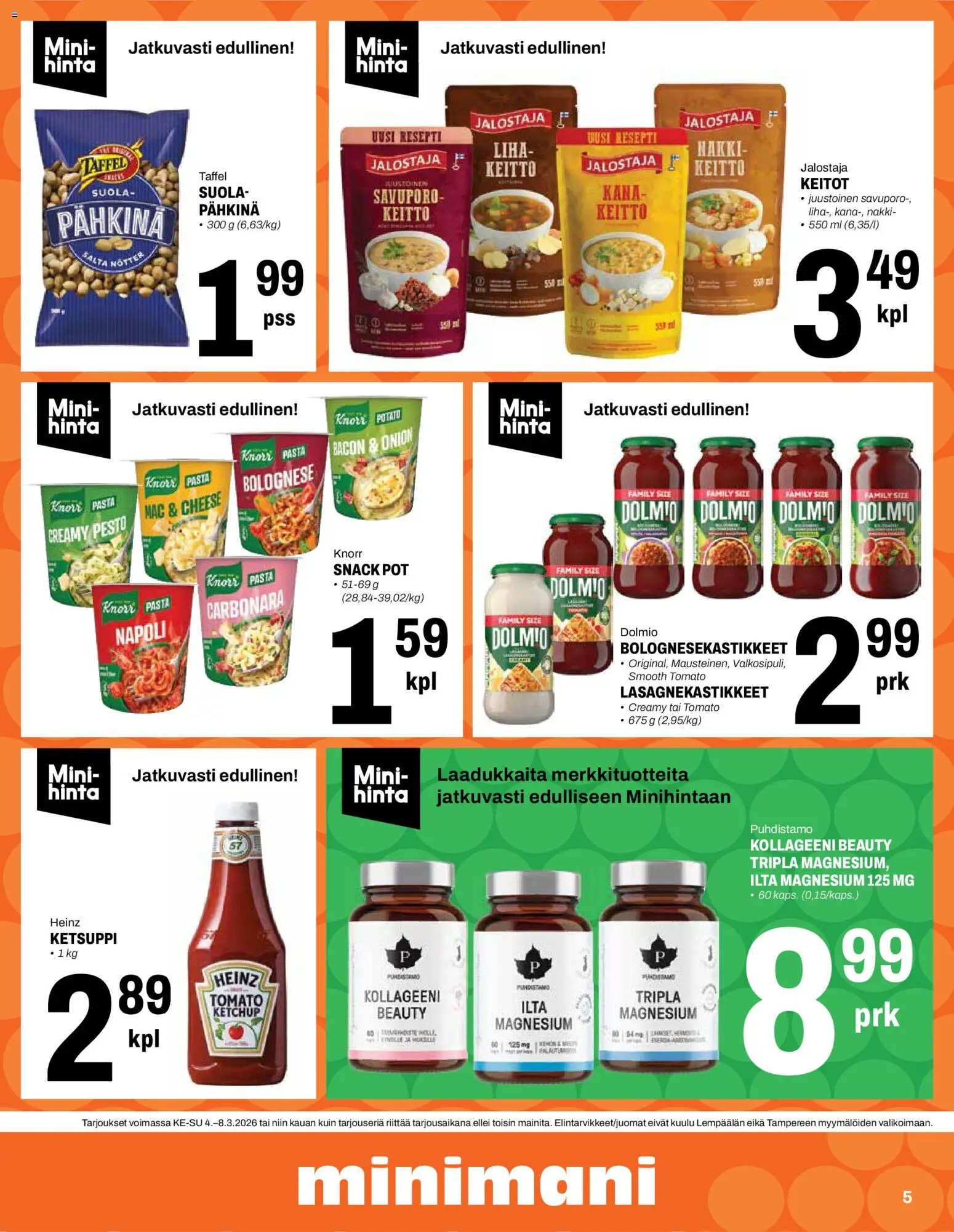Minimani tarjoukset – voimassa 04.03.2026 alkaen | Sivu: 5 | Tuotteet: Kana, Keitto, Pesto, Ketsuppi
