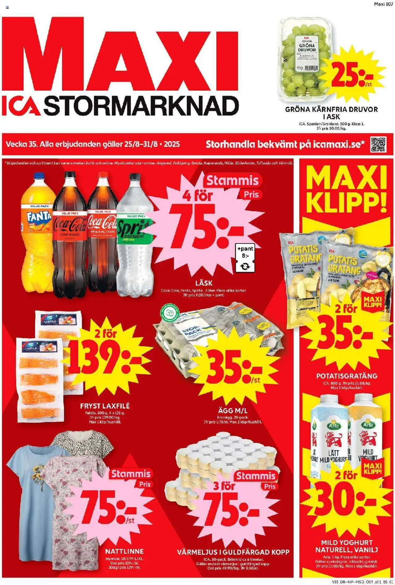 ICA Maxi reklamblad aktuell från 25.08.2025 | Sida: 1 | Produkter: Coca cola, Yoghurt, Ägg, Värmeljus