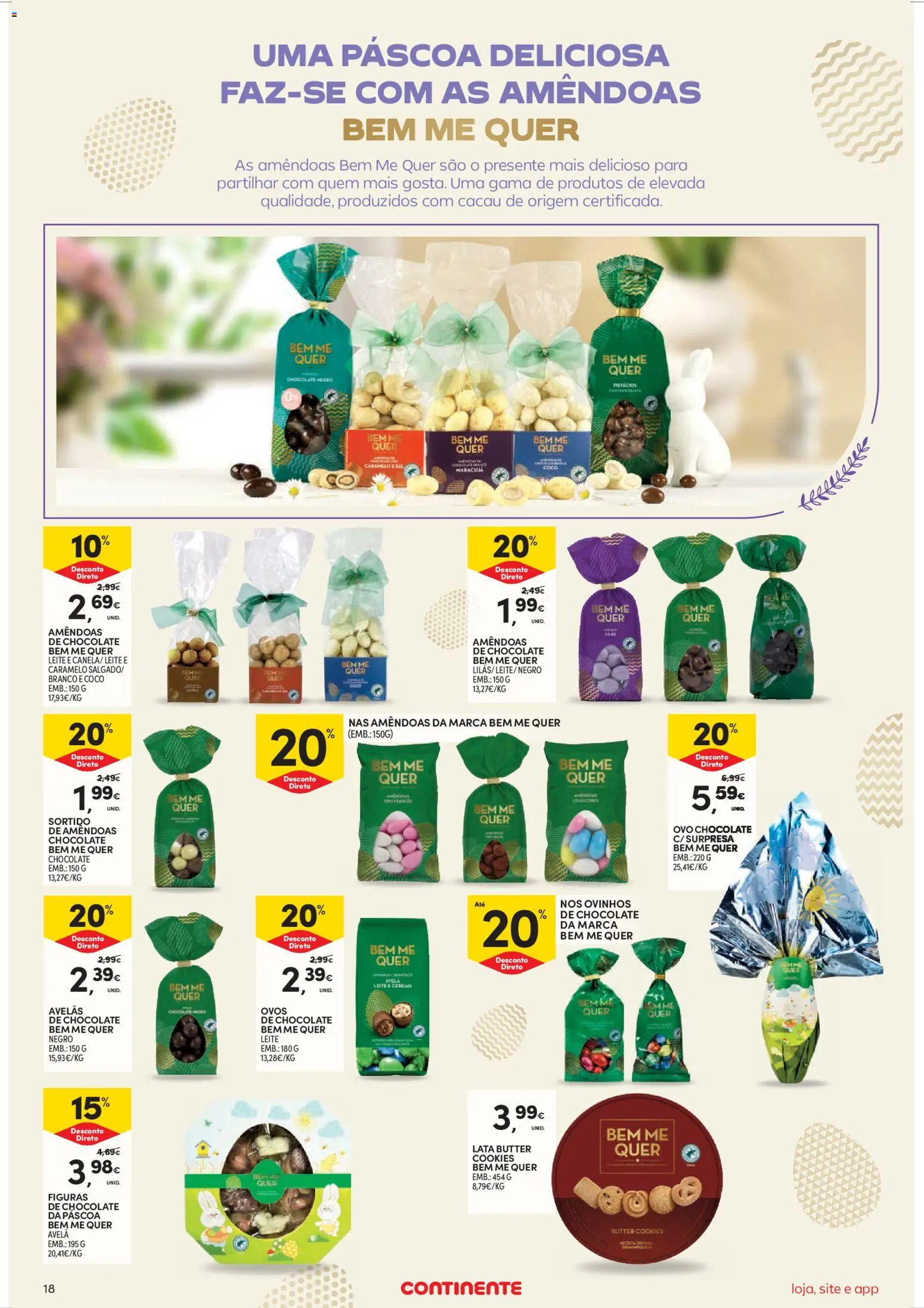 Continente Semanal Continente Bom Dia │ válido de 31.03.2026 | Página: 18 | Produtos: Amêndoas, Ovos, Chocolate, Cereais