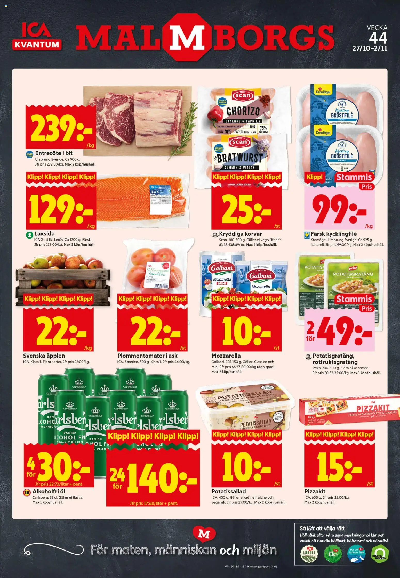 ICA Kvantum reklamblad aktuell från 27.10.2025 | Sida: 1 | Produkter: Entrecote, Galler, Pizzakit, Chorizo