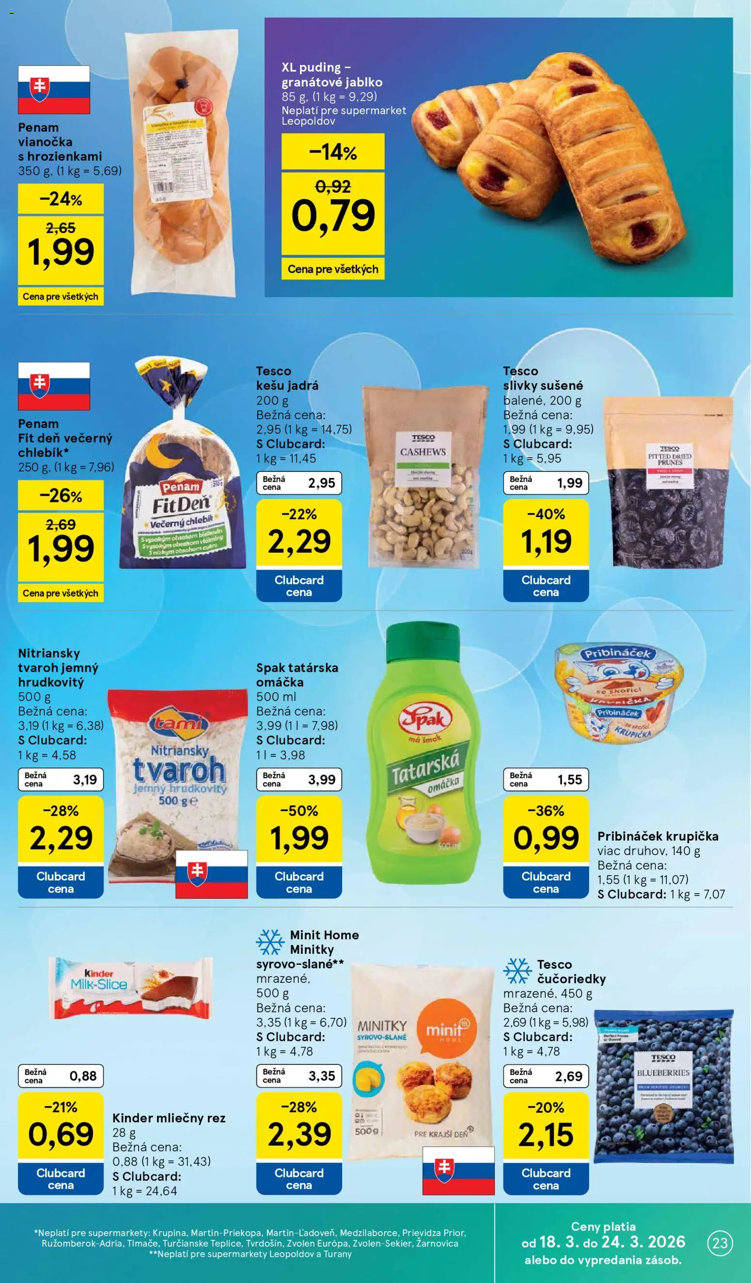 Nové Tesco akcie – leták je platný od 18.03.2026 | Strana: 23 | Produkty: Vianočka, Puding, Tvaroh, Sušené slivky
