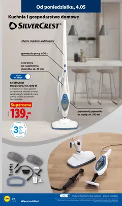 Pogląd oferty "SILVERCREST Mop parowy 2 w 1, 1500 W, w zestawie m.in.: lejek, pojemnik do napełniania, nakładka do mebli tapicerowanych, nakładki do mycia podłóg, nasadka do dywanów i do narożników" - ważna od 04.05.2026 | Strona: 24 | Produkty: Mop parowy