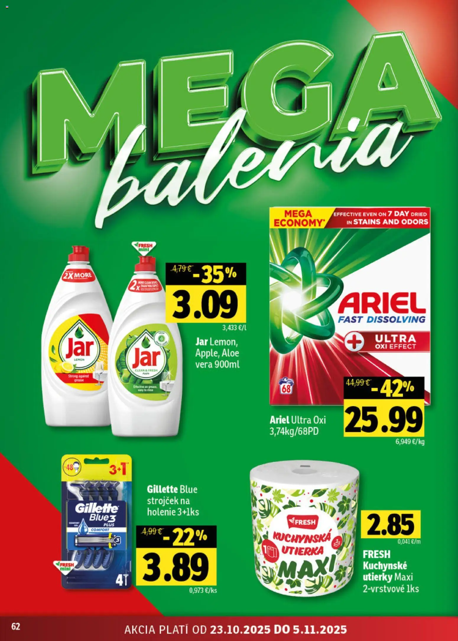 Nové Fresh akcie – leták je platný od 23.10.2025 | Strana: 62 | Produkty: Strojček, Ariel, Jar