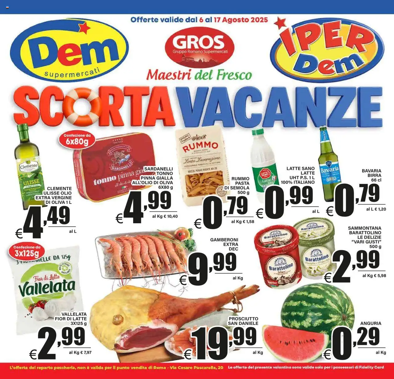 Volantino DEM del 06.08.2025 | Pagina: 1 | Prodotti: Birra, Prosciutto, Gamberoni, Penne