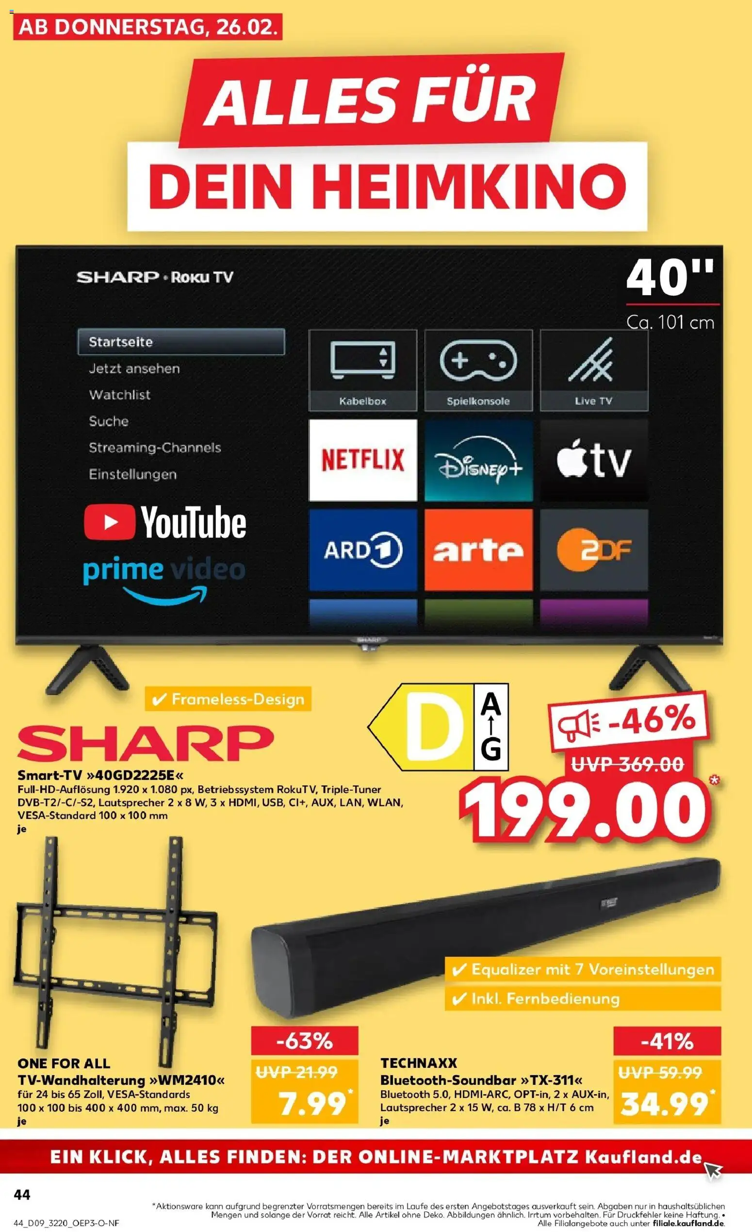 Kaufland prospekt Wittenberge	 – gültig ab 26.02.2026 | Seite: 44 | Produkte: Lautsprecher, Smart TV, Soundbar, TV