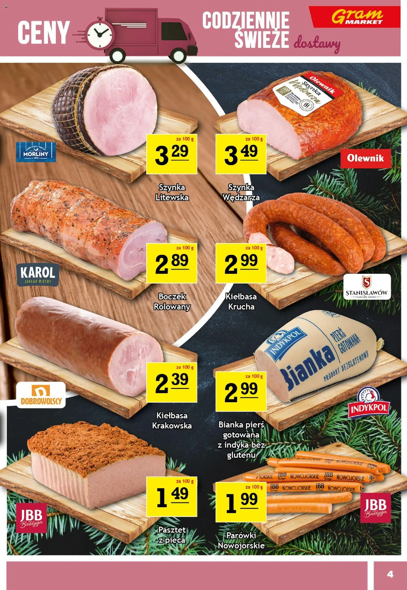 Gram Market Gazetka od 03.12.2025 | Strona: 4 | Produkty: Kiełbasa, Parówki, Szynka, Boczek